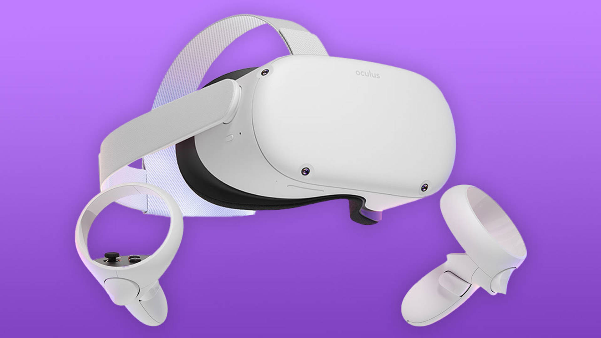 Oculus Quest 2紫羅蘭背景 壁紙 — 一個時尚的白色Oculus VR頭戴式裝置連控制器，漂浮在純紫色背景上。