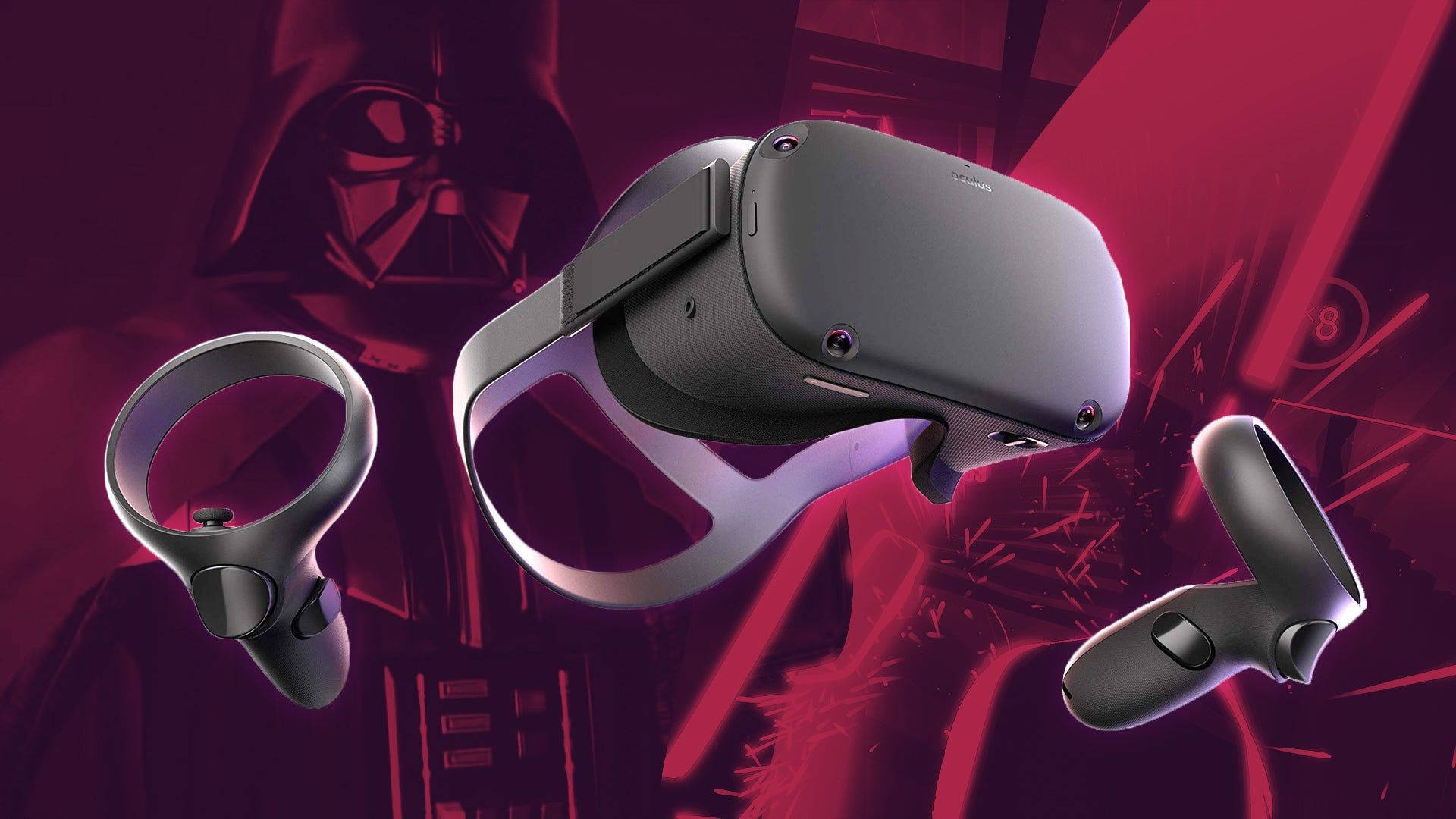 Oculus Quest 2 星際大戰主題 壁紙 — 一個時尚的VR頭戴式裝置和控制器漂浮在深紅色背景上，背景有黑武士剪影。