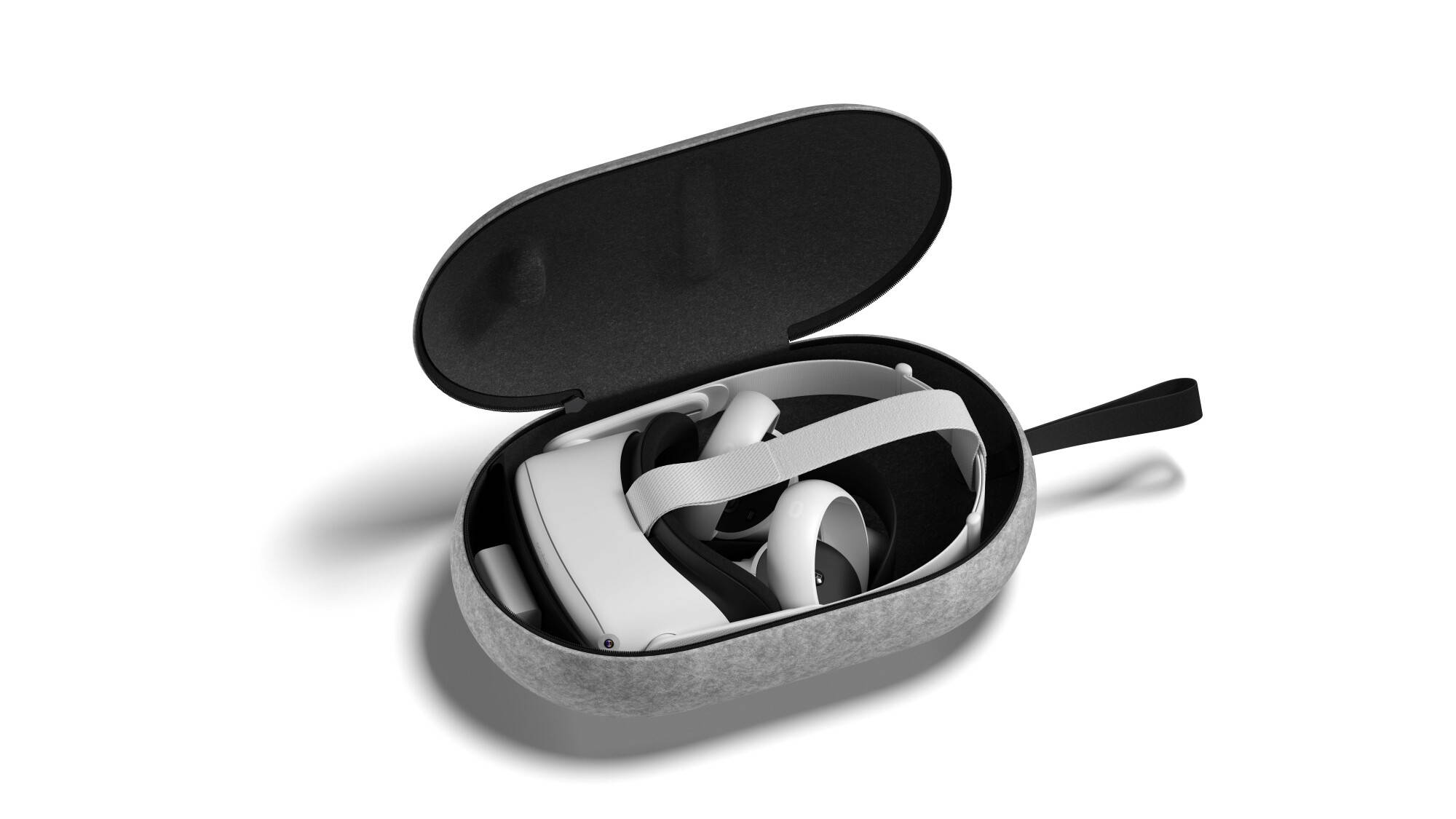 Oculus Quest 2 灰色保護盒 壁紙 — 一個時尚的白色VR頭戴式裝置放在一個打開的灰色便攜盒內，背景為純白色。