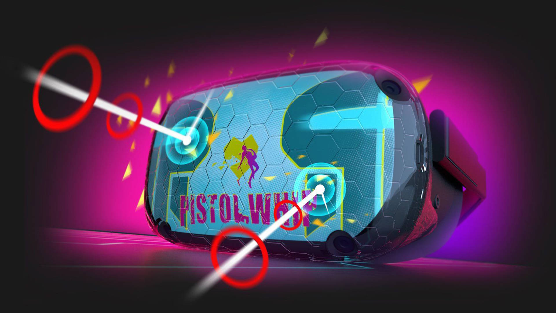 Oculus Quest 2 VR外殼 壁紙 — 一個未來感的VR頭戴裝置發出霓虹粉紅和藍色光芒，鏡片射出激光束，背景為黑暗。