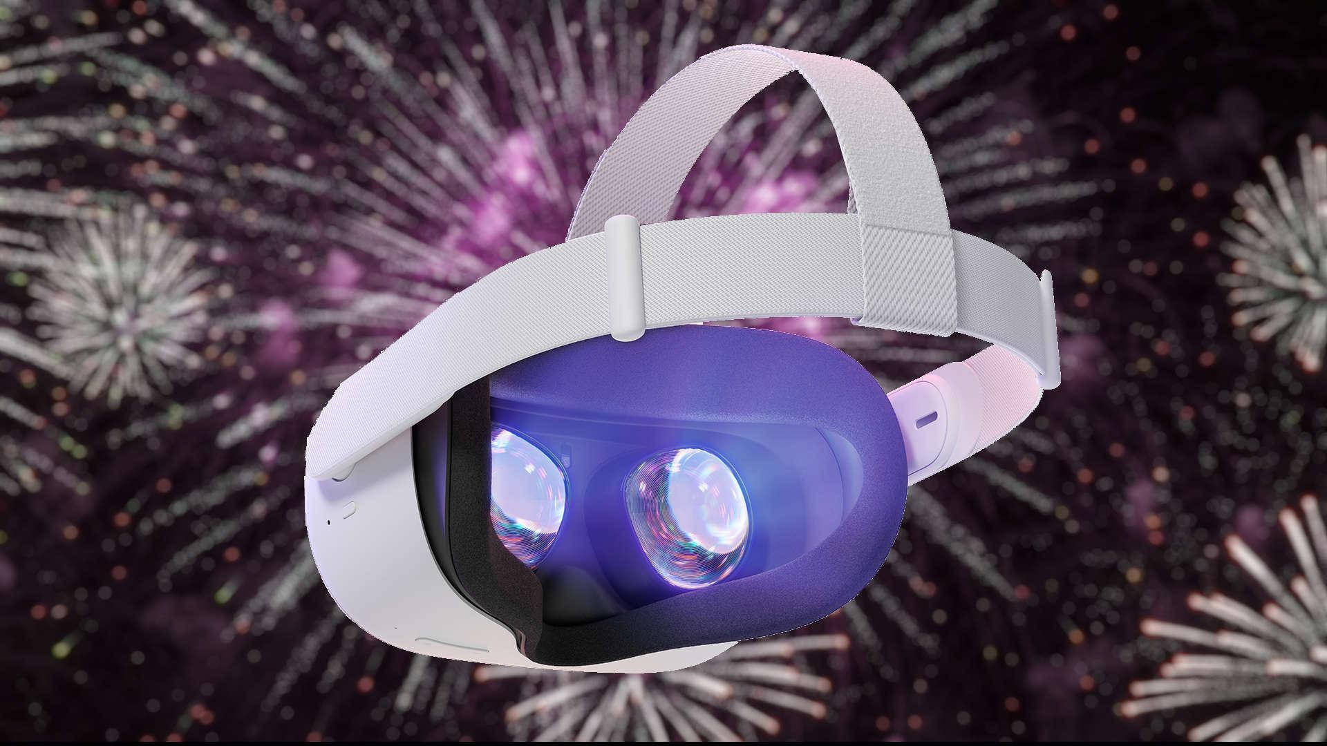 Oculus Quest 2 虛擬現實頭戴裝置 壁紙 — 一個時尚的白色VR頭戴式顯示器，帶有發光的鏡頭，漂浮在充滿活力的紫色煙花表演之上。