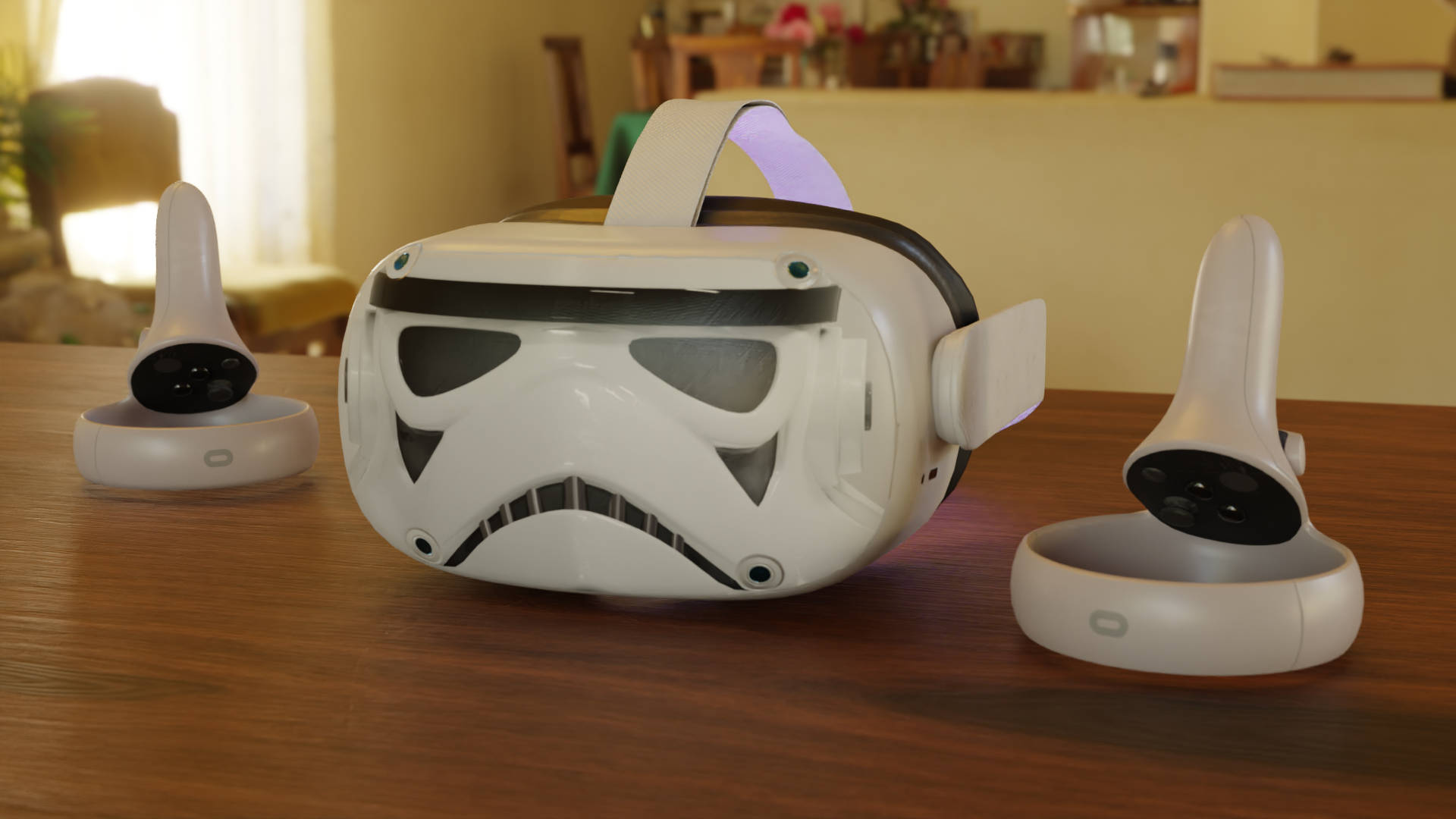 客廳木桌上的風暴兵VR頭戴式裝置和控制器。