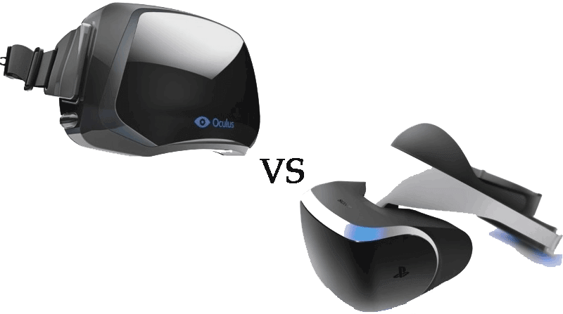 Oculus VR 與 PlayStation VR 對比圖 壁紙 — 兩款時尚的VR頭戴式裝置Oculus和PlayStation VR在鮮明的黑色背景上對峙，帶有粗體的VS符號。