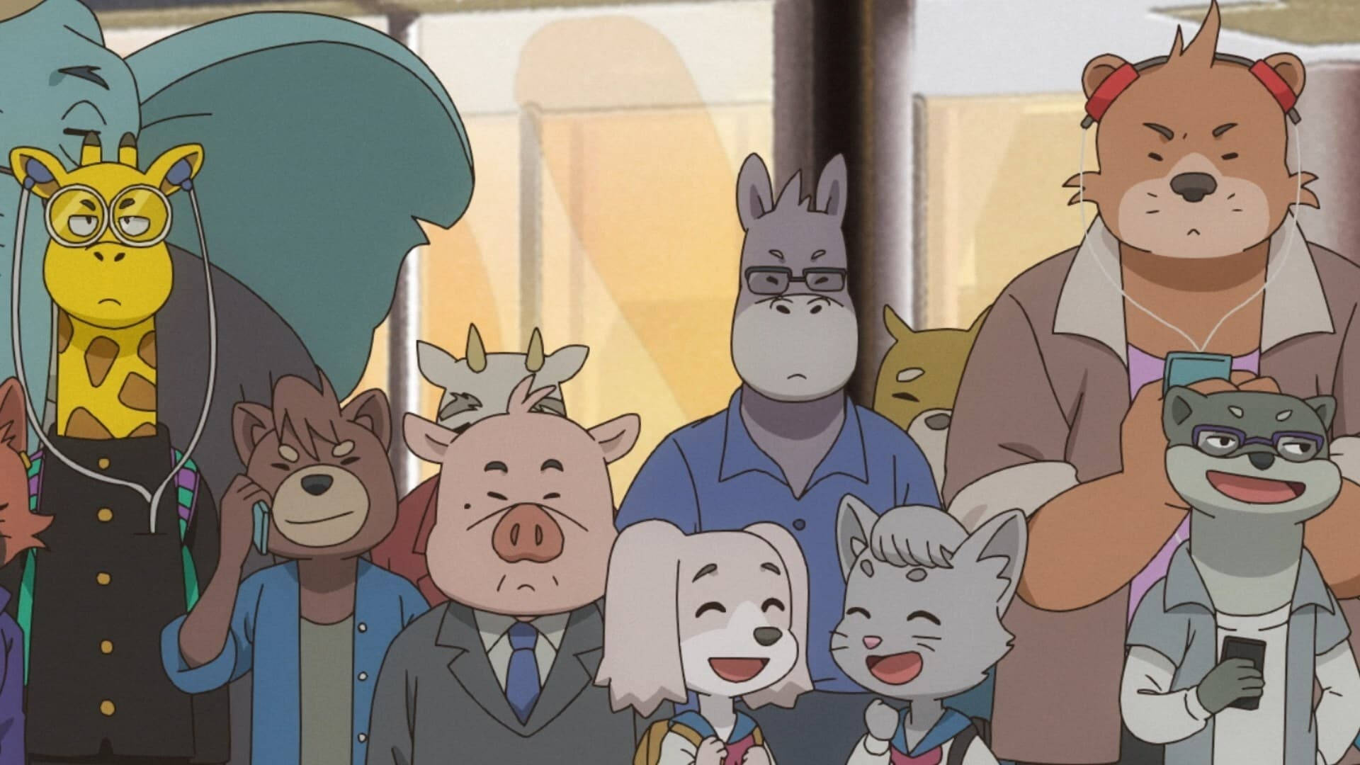 繁忙街頭 Odd Taxi 壁紙 — 一群多樣化的擬人化動物在擠迫的辦公室環境中，色調柔和，表情豐富。