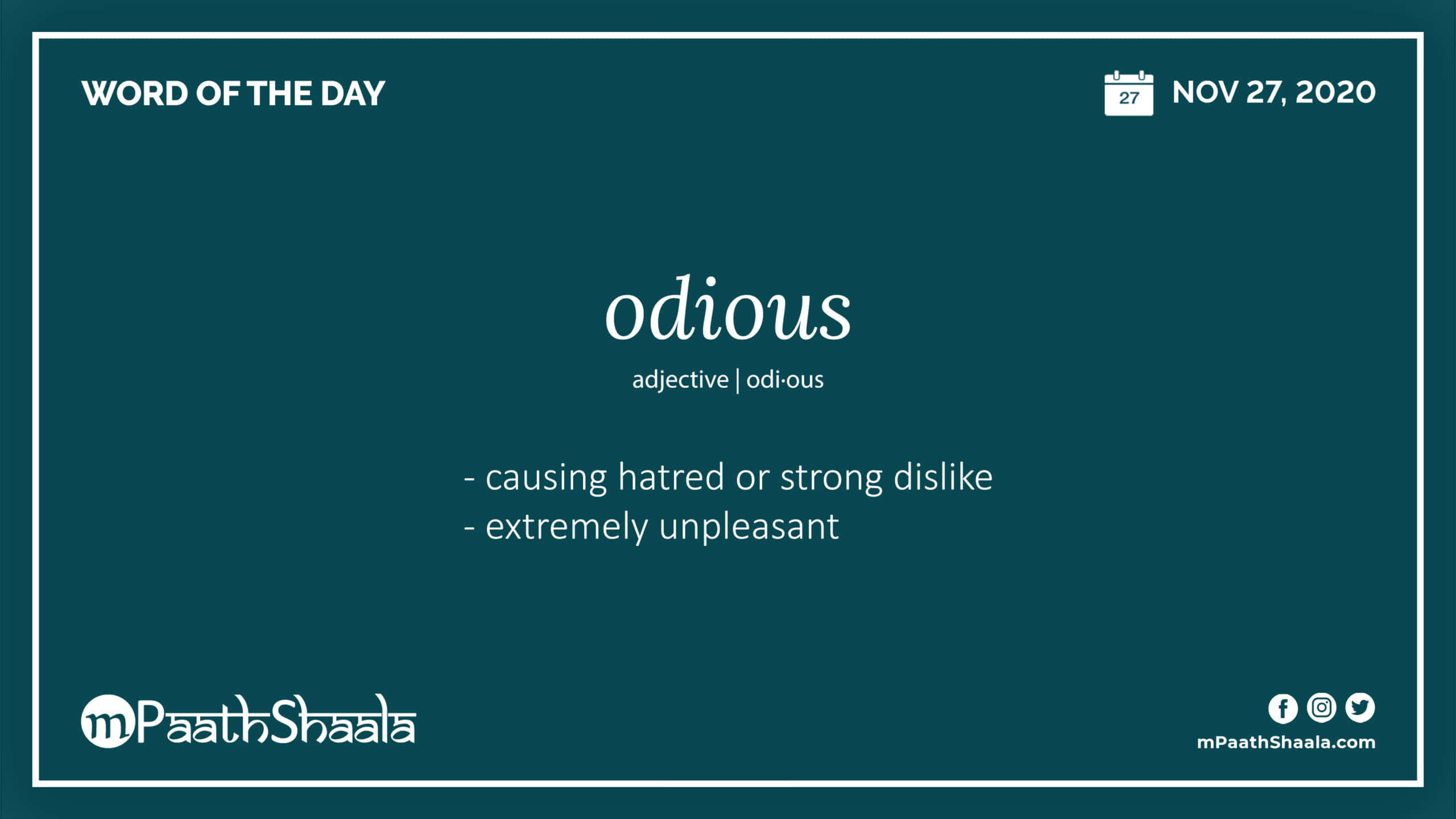 「Odious」詞語釋義壁紙 壁紙 — 一個青綠色背景顯示了單詞 'odious' 及其定義，採用乾淨的白色字體，並以幼白邊框框起。