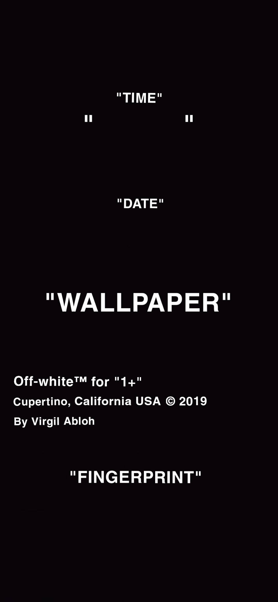 Off White 的極簡優雅 壁紙 — 極簡黑色背景，帶有白色文字佔位符，用於時間、日期、壁紙、指紋和品牌資訊。