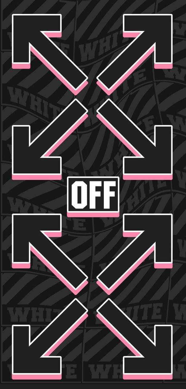 粉黑配色 Off White iPhone 壁紙 — 大膽的黑色箭頭帶有粉紅色邊緣，從中央的 'OFF' 標誌向外輻射，背景是重複的 'WHITE' 圖案。