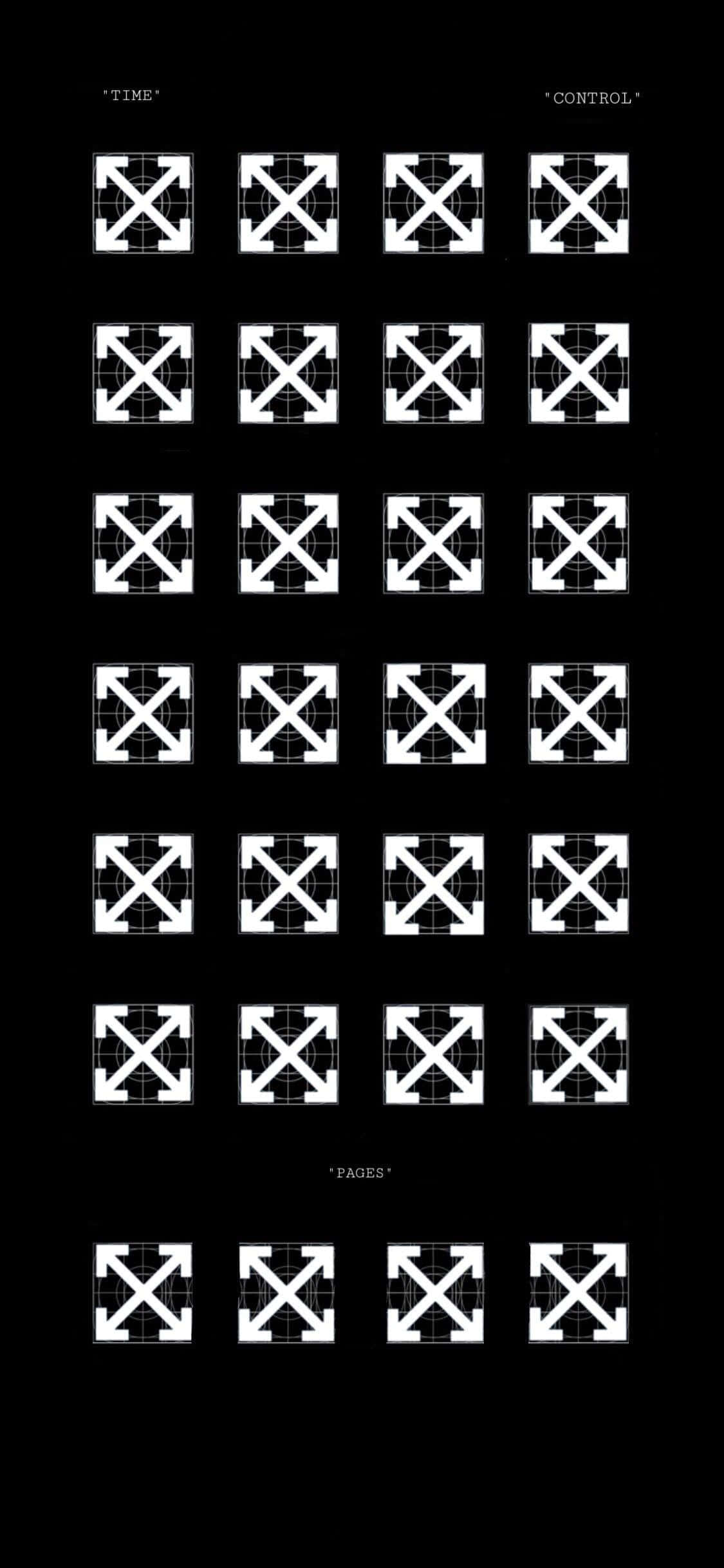 白字 Off White iPhone 壁紙 — 黑色背景上帶有標籤部分的白色 Off-White 品牌箭頭網格。