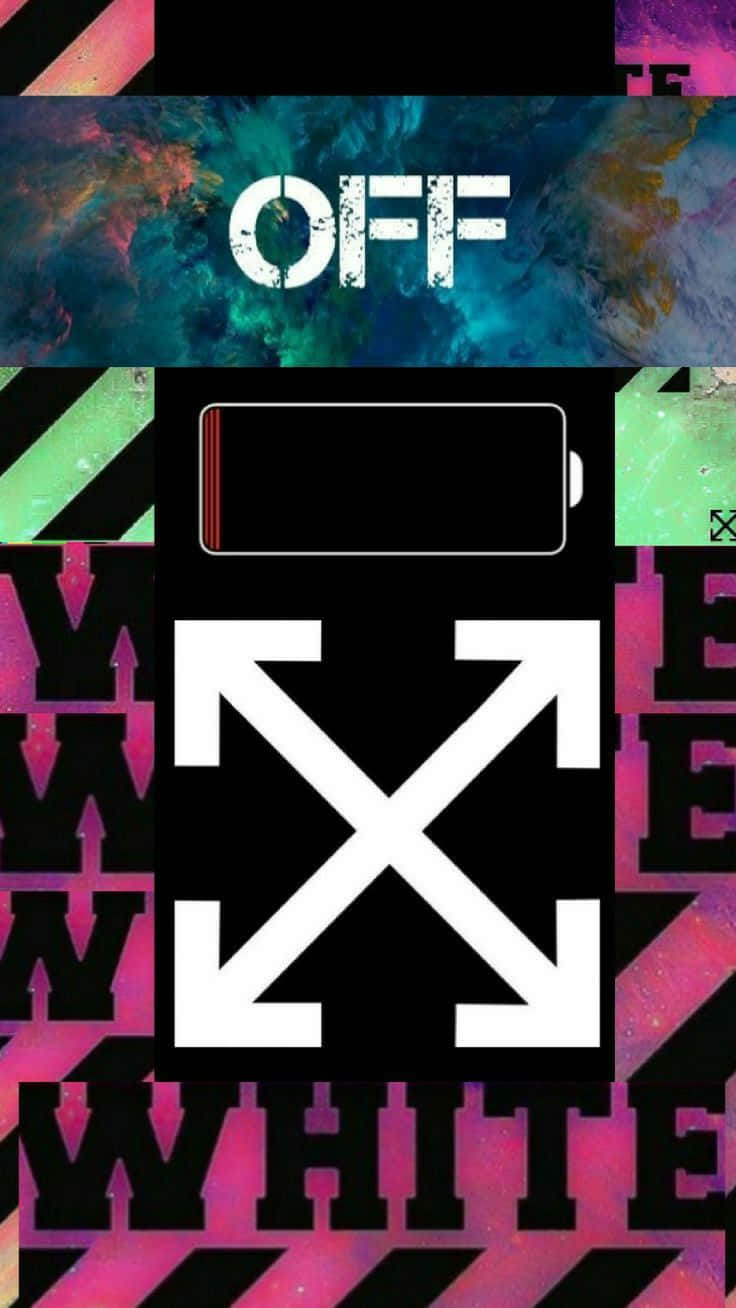 低電量 Off White iPhone 壁紙 — 大膽的圖形設計，帶有 'OFF WHITE' 文字和箭頭，背景是充滿活力的宇宙背景，帶有故障效果。