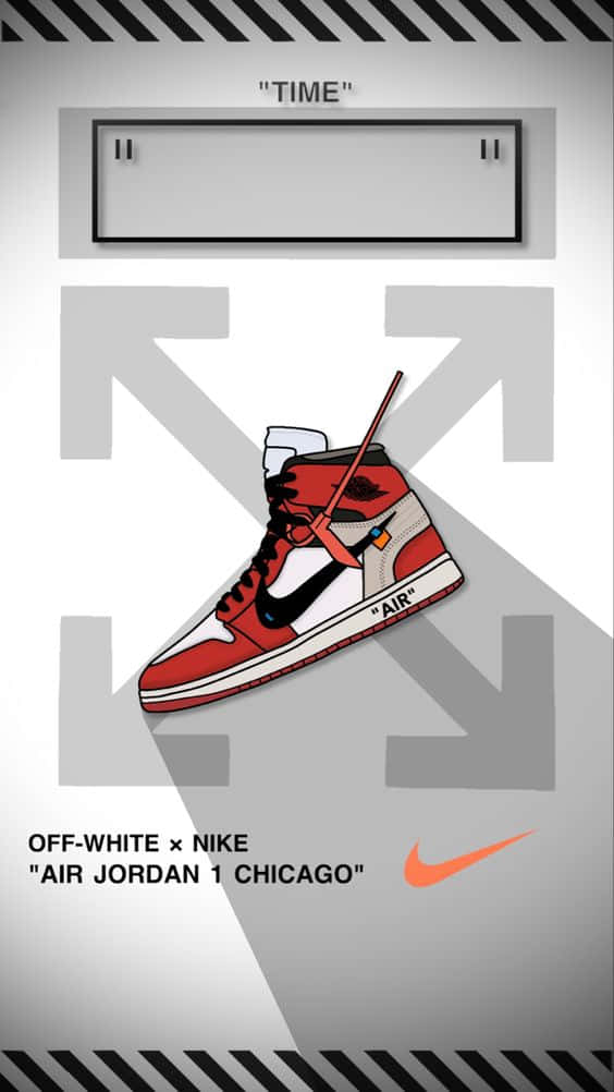 Off White x Nike Air Jordan 1 Chicago 運動鞋，灰色背景上帶有幾何箭頭和文字。