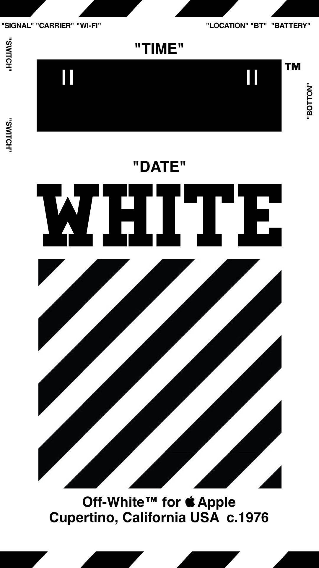 Off White 標誌 Hype Beast 品牌 壁紙 — 大膽的黑白圖形設計，帶有對角線條紋和模仿電話界面的文字標籤。