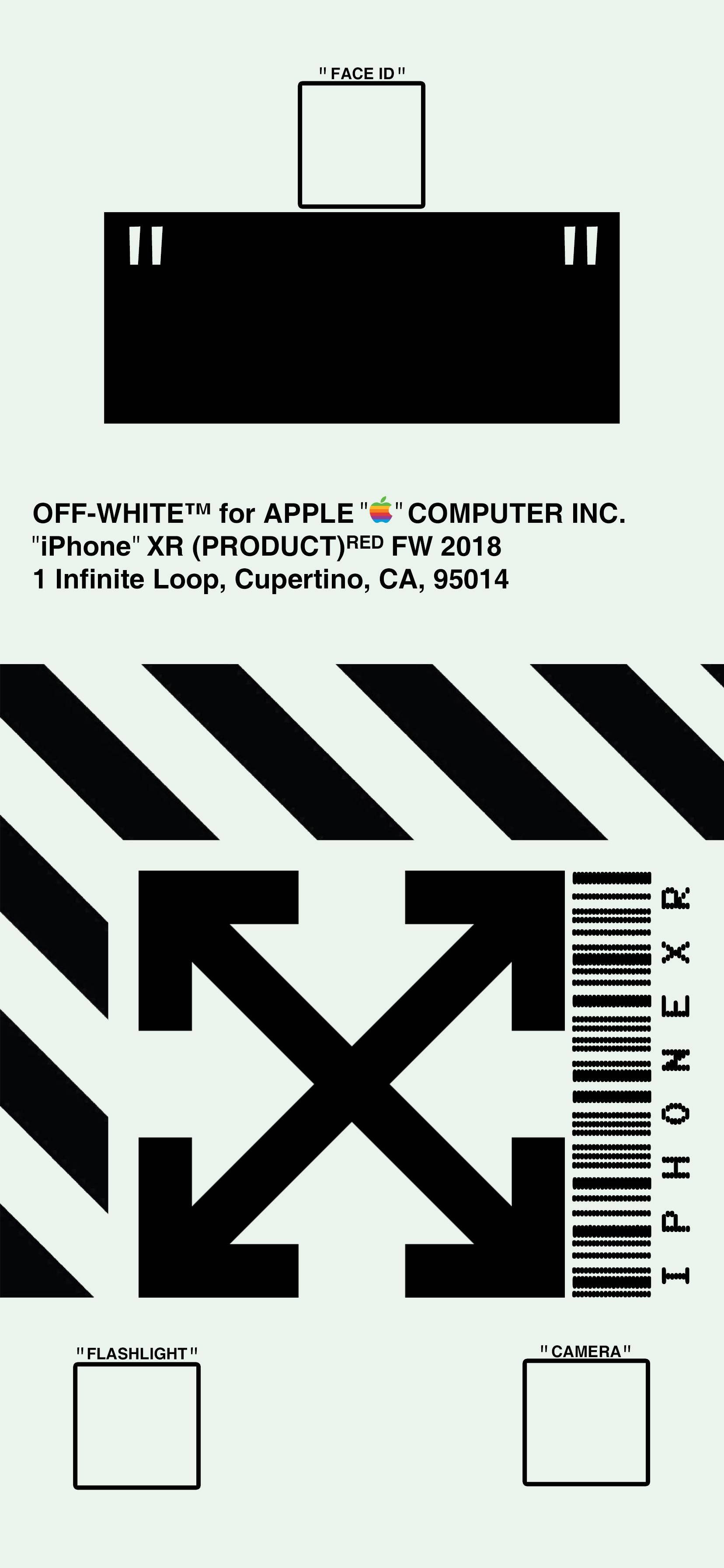 Off White 標誌印於票券布料 壁紙 — iPhone XR 的極簡圖形設計，在淡綠色背景上帶有粗體黑色箭頭和文字。