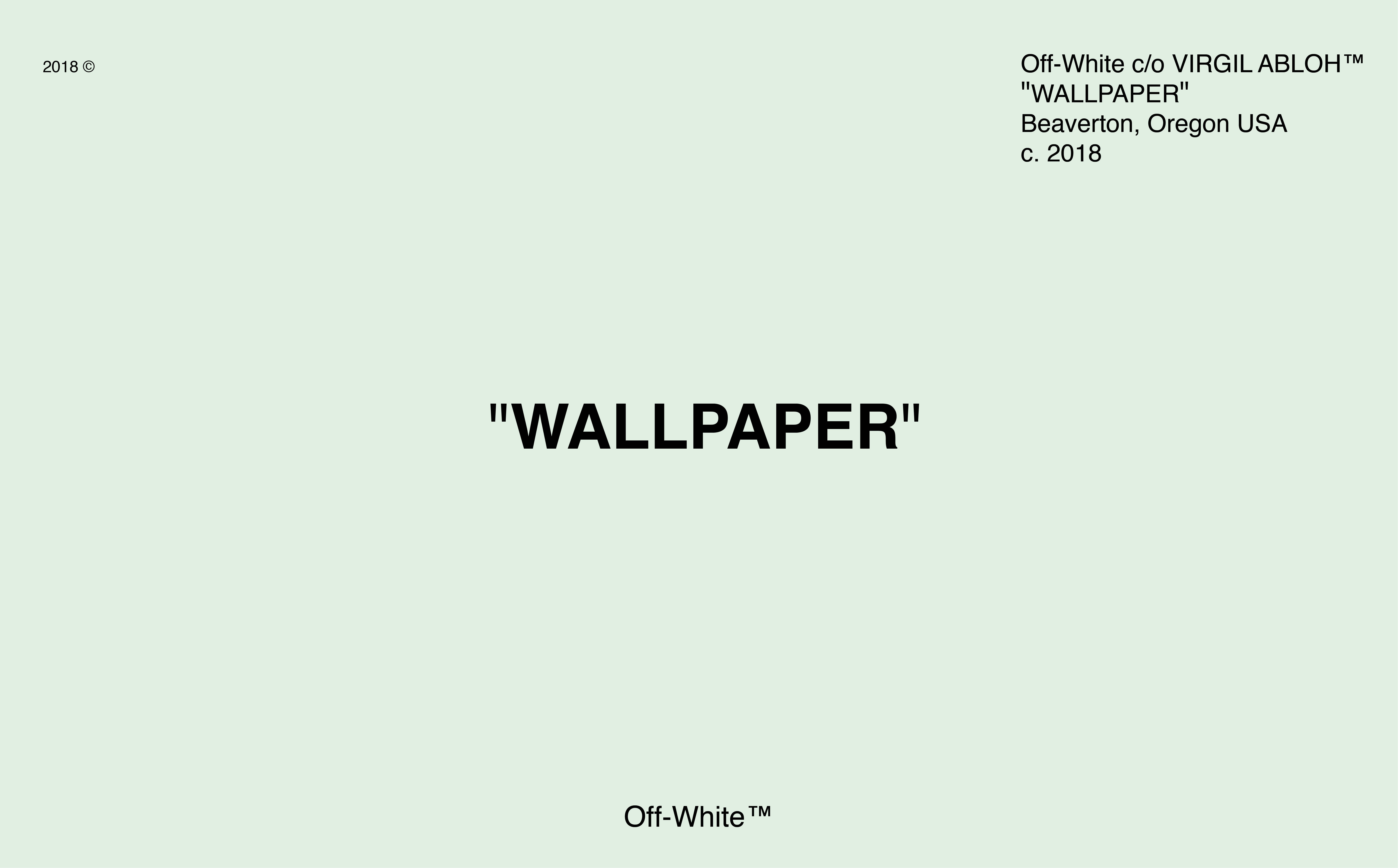 Off White 標誌文字 壁紙 — 簡約淺綠色背景，粗體黑色文字顯示 WALLPAPER 和 Off-White 品牌。