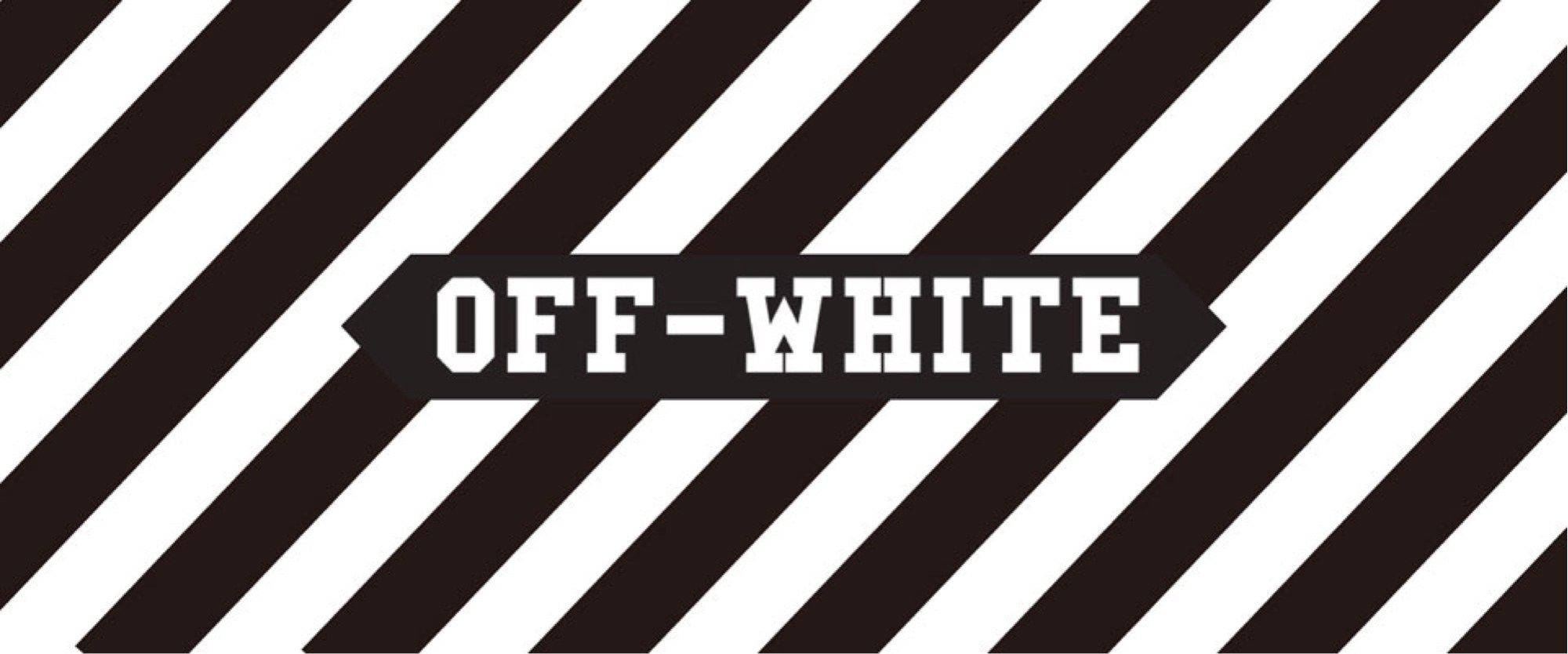 Off White 標誌斜線設計 壁紙 — 大膽的黑白對角線條紋框住中央黑色箭頭形橫額，上面有白色「OFF-WHITE」文字。