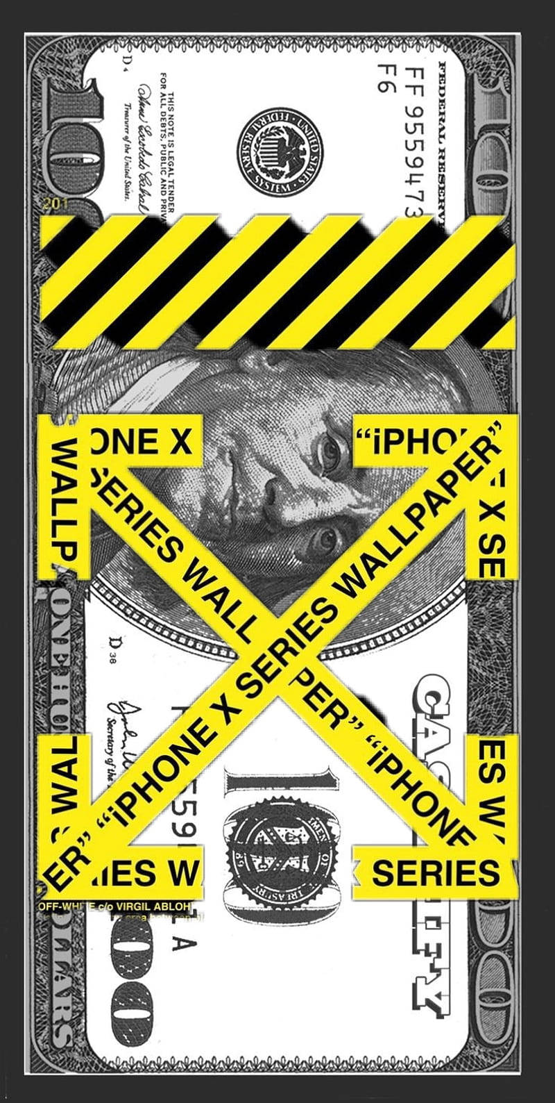 Off White 標誌於百元鈔票 壁紙 — 一張一百美元鈔票，上面覆蓋著大膽的黃黑警告膠帶和重複的 iPhone X Series 牆紙文字。