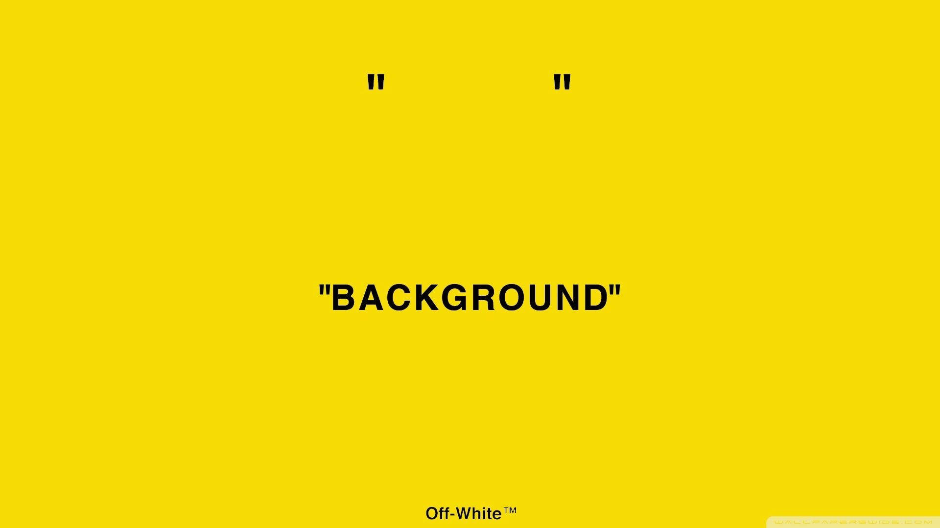Off White 標誌的極簡詮釋 壁紙 — 在鮮黃色背景上，粗體黑色文字顯示BACKGROUND和引號，並帶有Off-White商標。