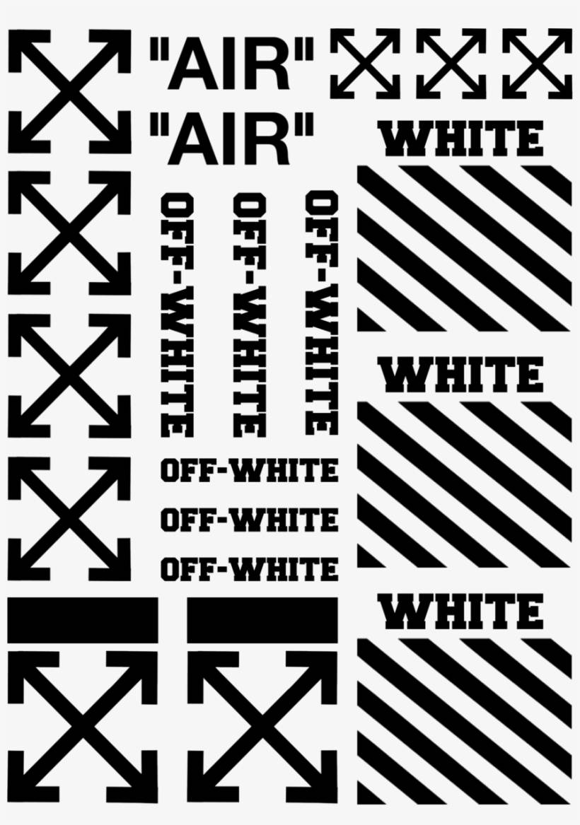 Off White 標誌空氣文字 壁紙 — 大膽的黑色箭頭和文字在白色背景上形成重複的 Off-White 品牌圖案。