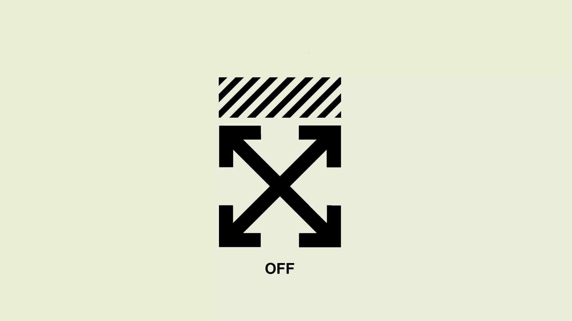 Off-White 標誌設計的動態呈現 壁紙 — 極簡黑色標誌，四個箭頭指向外，上方有對角線條，置於淺綠色背景中央。