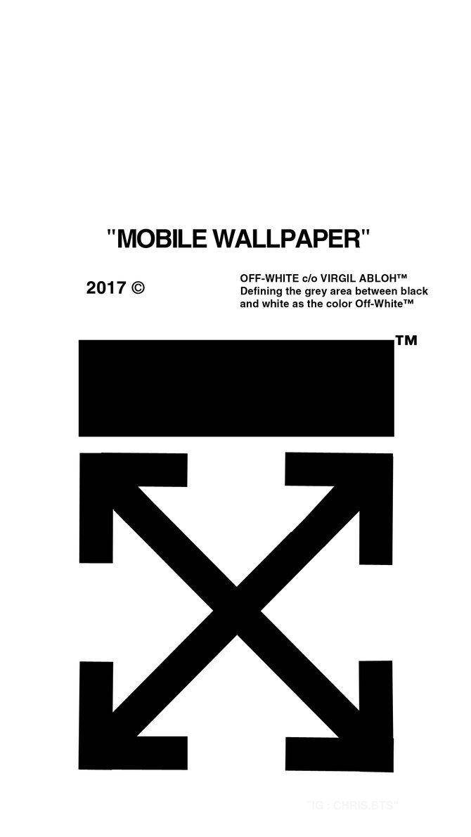 Off White 白底標誌 壁紙 — 簡約黑白手機桌布，在純色背景上帶有粗體箭頭標誌和品牌文字。