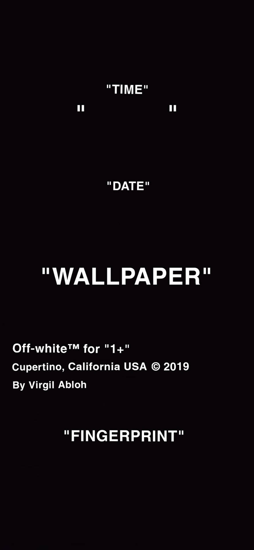 黑色螢幕，帶有白色文字欄位，用於時間、日期、壁紙、指紋和 Off-white 品牌資訊。