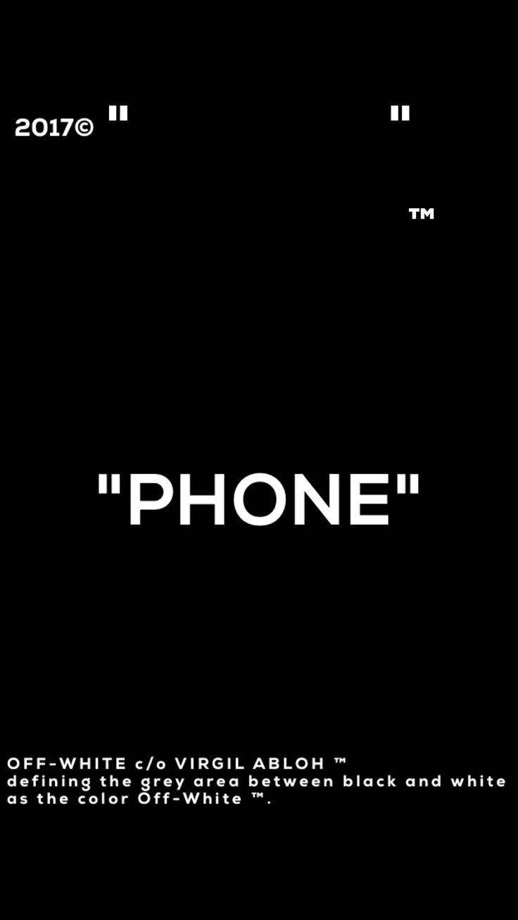 Off White 電話引號 壁紙 — 極簡黑色背景，粗體白色文字顯示PHONE，並以小字體顯示品牌詳細資訊。