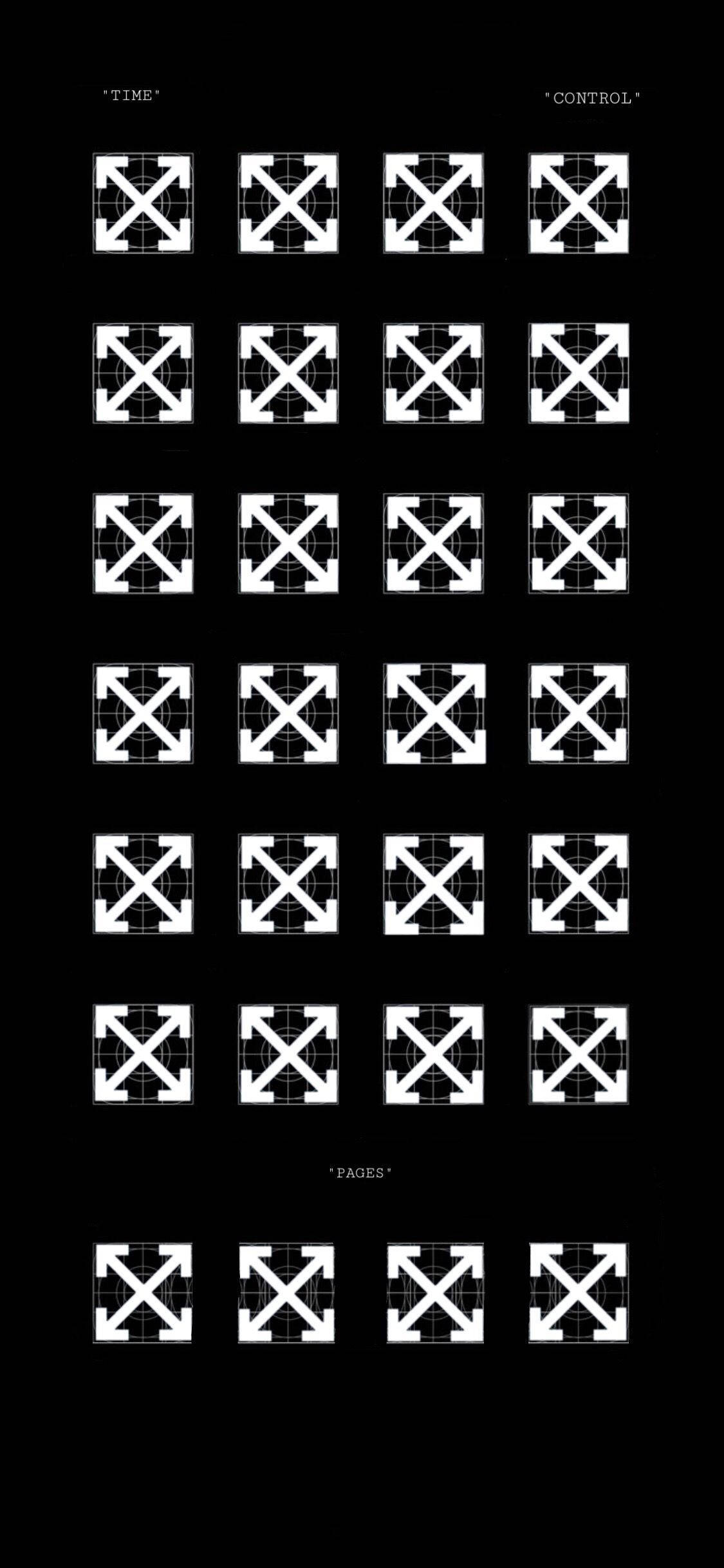 Off White標誌白色箭頭 壁紙 — 黑色背景上白色 Off-White 品牌箭頭網格，帶有標籤行。