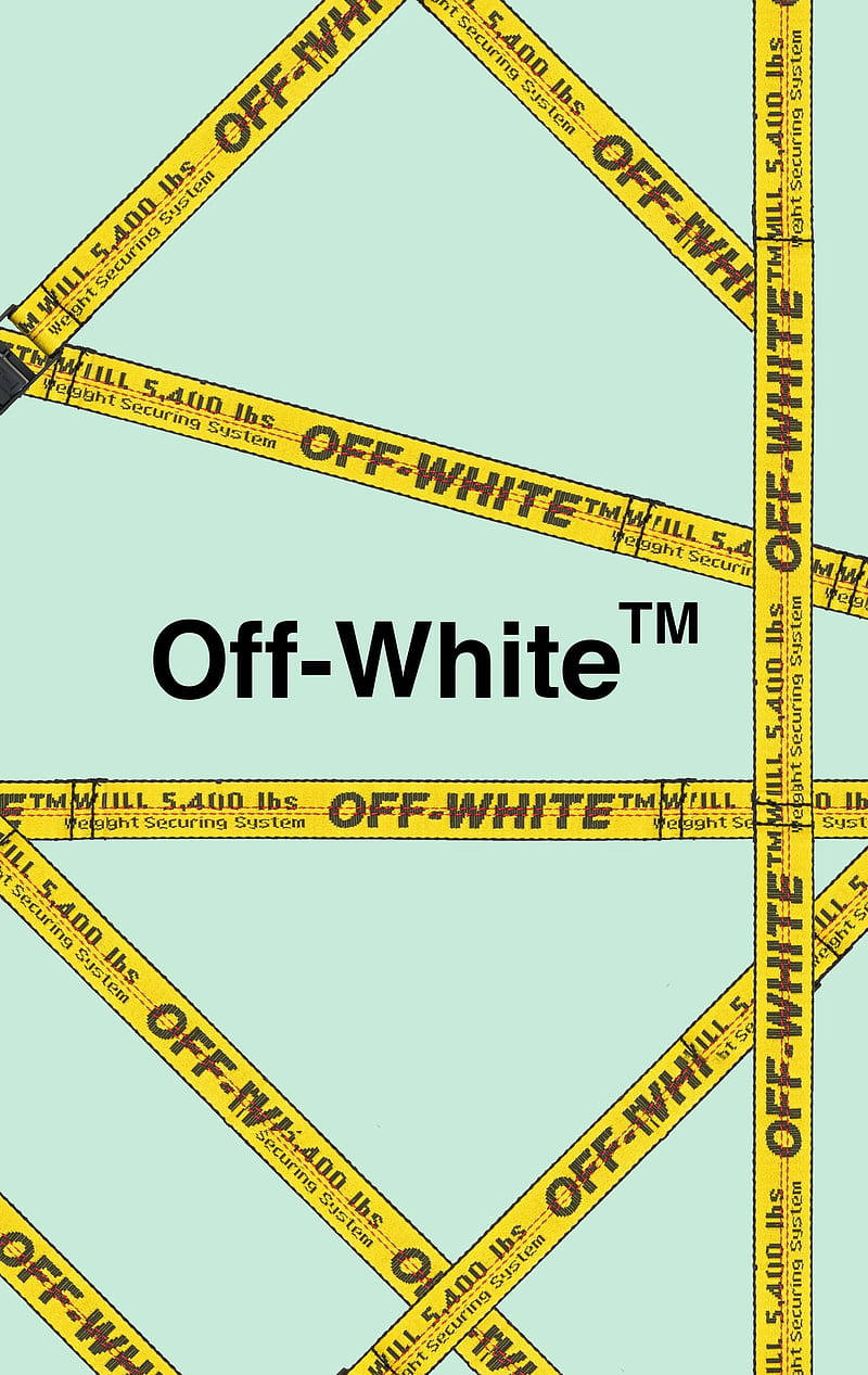 黃色 Off-White 品牌警告膠帶在薄荷色背景上形成網格圖案。