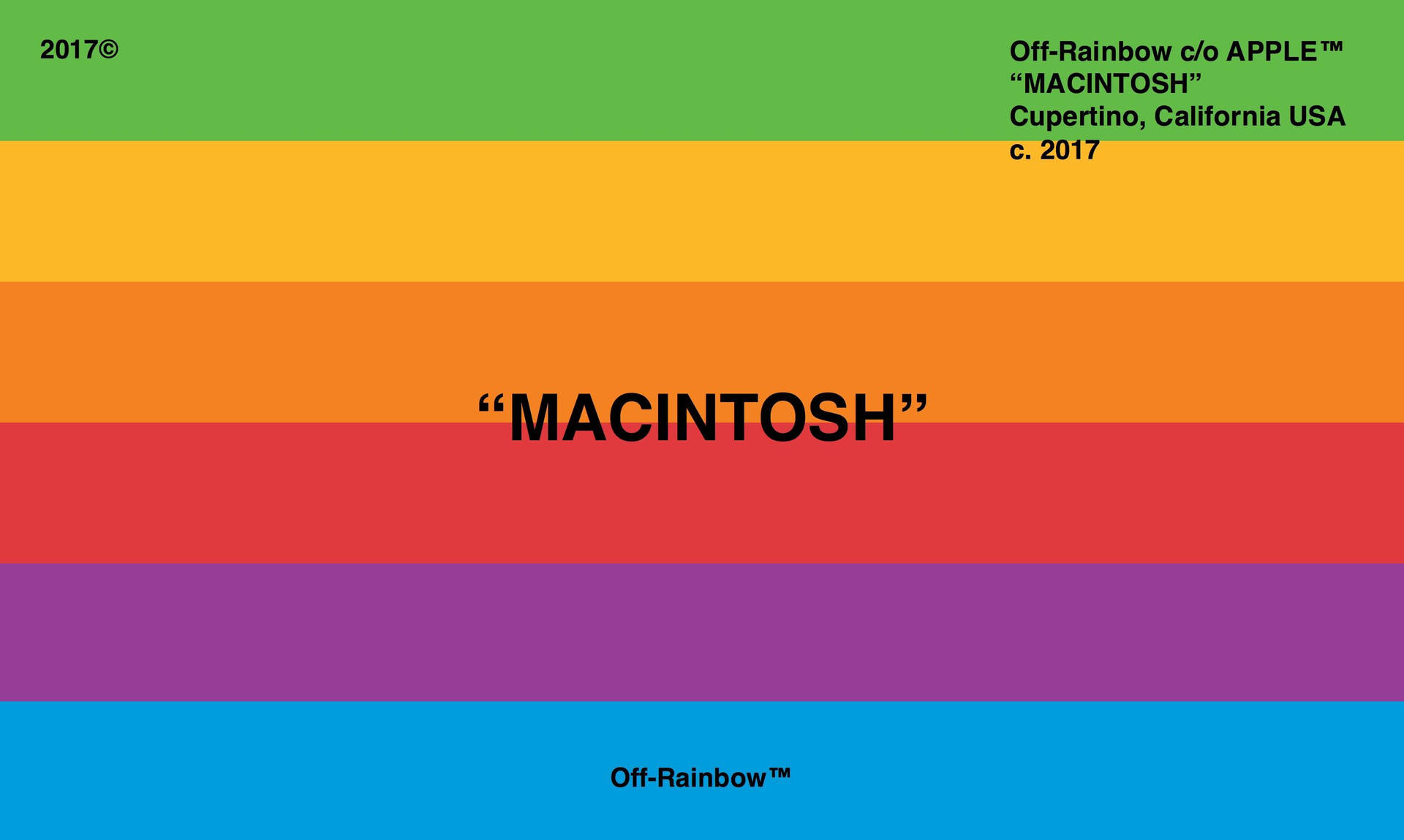 鮮豔的彩虹條紋，中央有粗體文字 MACINTOSH 在設計上。