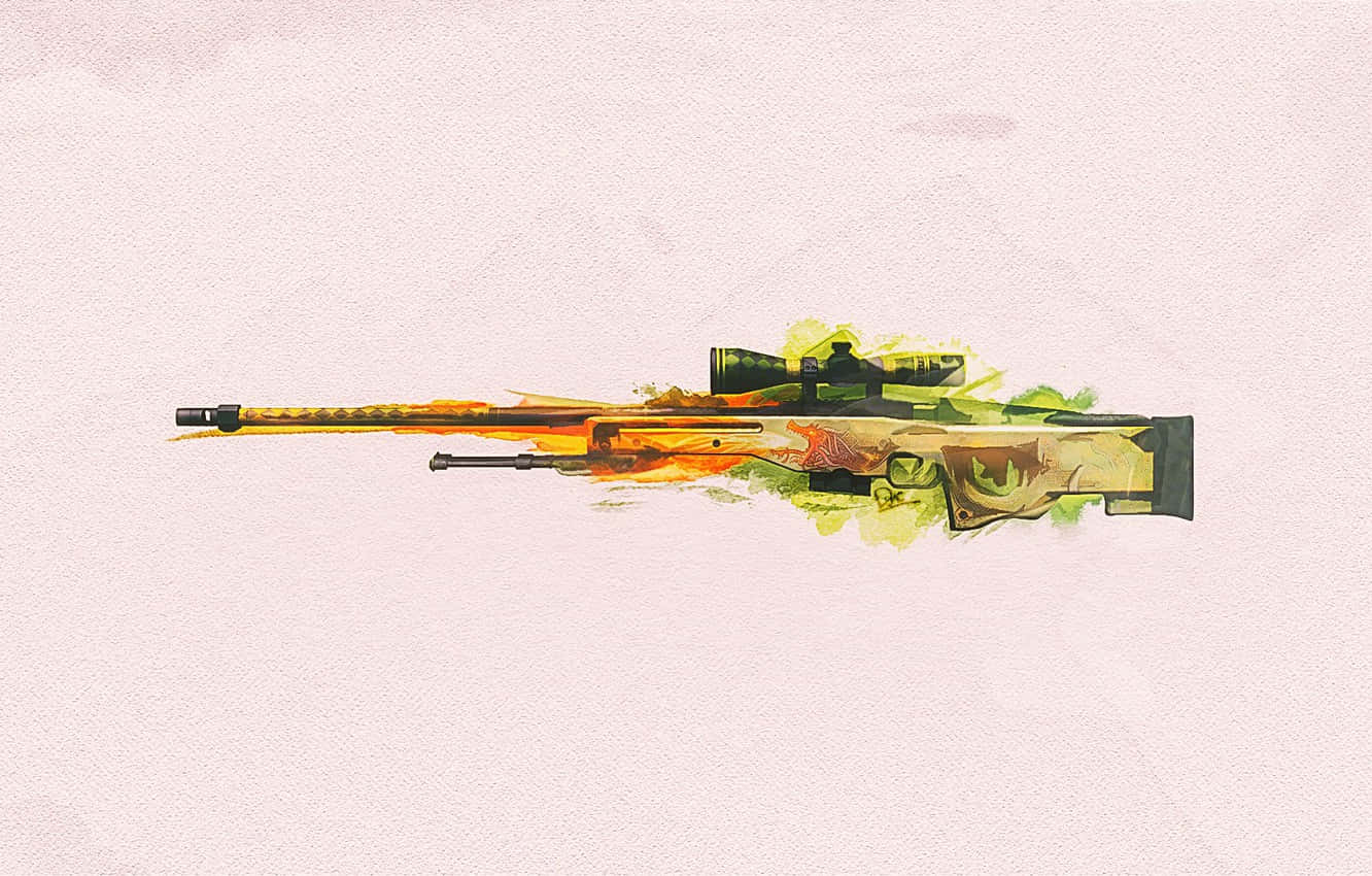 《反恐精英：全球 Offensive》背景——火焰黃色狙擊步槍 壁紙 — 水彩風格的狙擊步槍，帶有火熱的橙色和綠色潑濺，背景為有紋理的米白色。