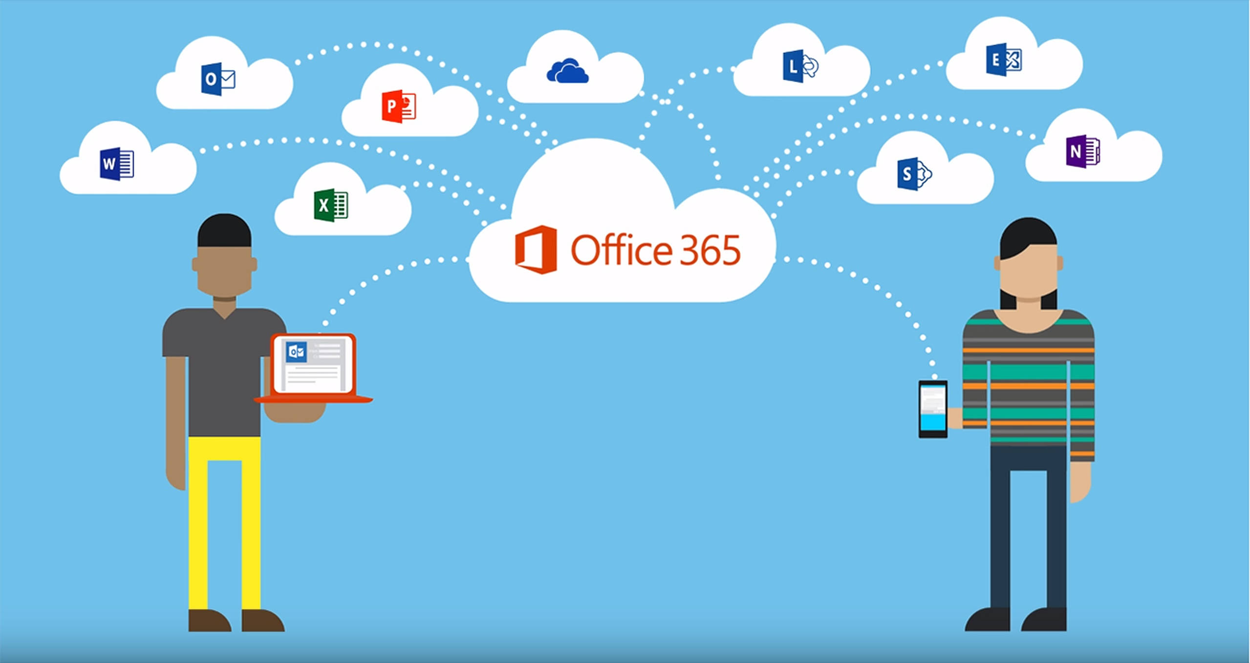 Office 365 連接 壁紙 — 兩個風格化的人物透過顯示 Office 365 應用程式的雲端圖示連接，背景為純藍色。
