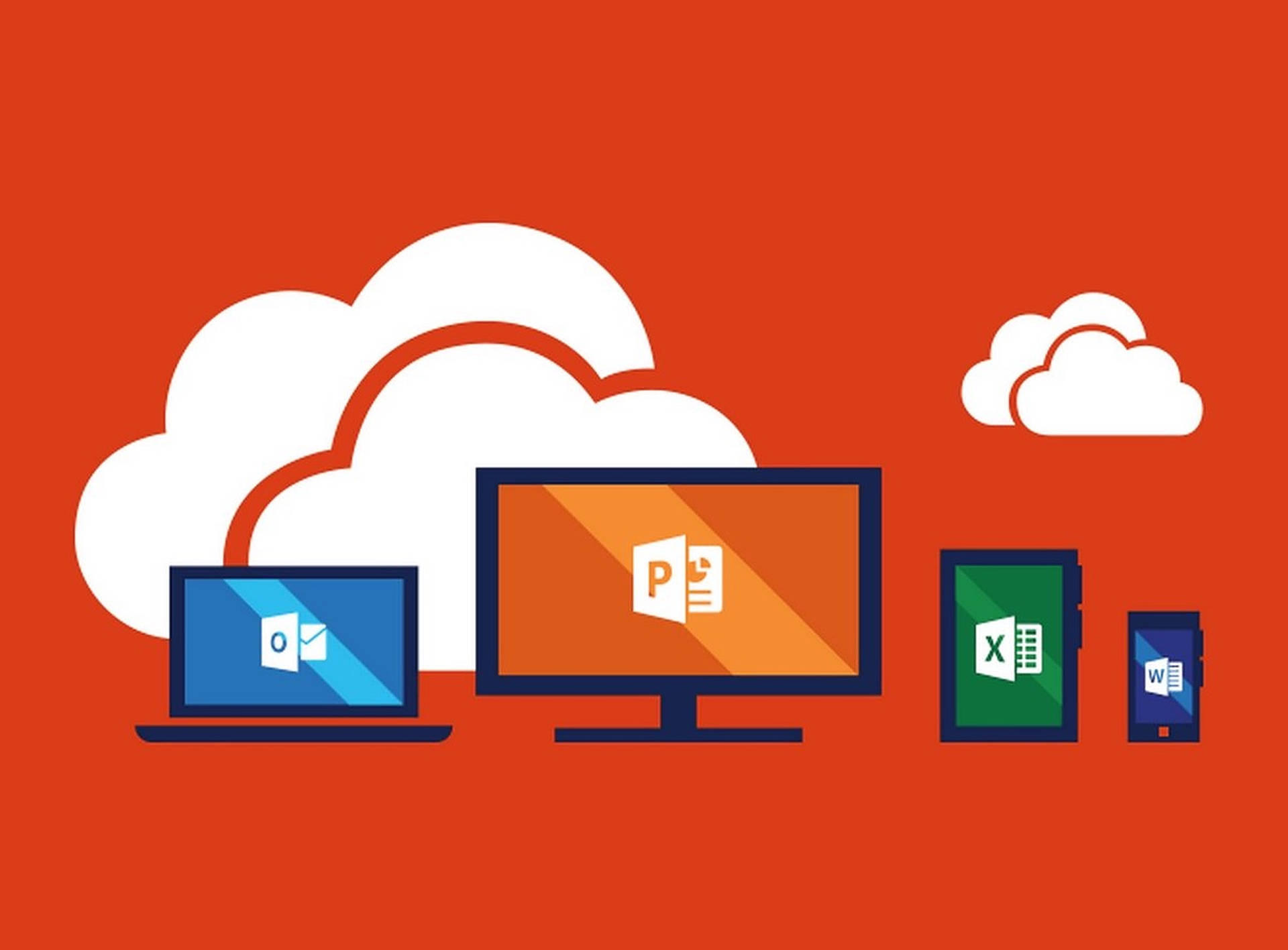 雲端運算裝置在筆記型電腦、顯示器、手機和平板上顯示 Microsoft Office 應用程式。