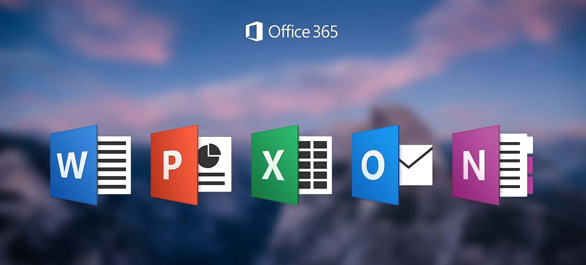 Office 365 桌布 壁紙 — Office 365 應用程式圖示漂浮在帶有紫色和藍色雲朵的柔和暮色天空中。