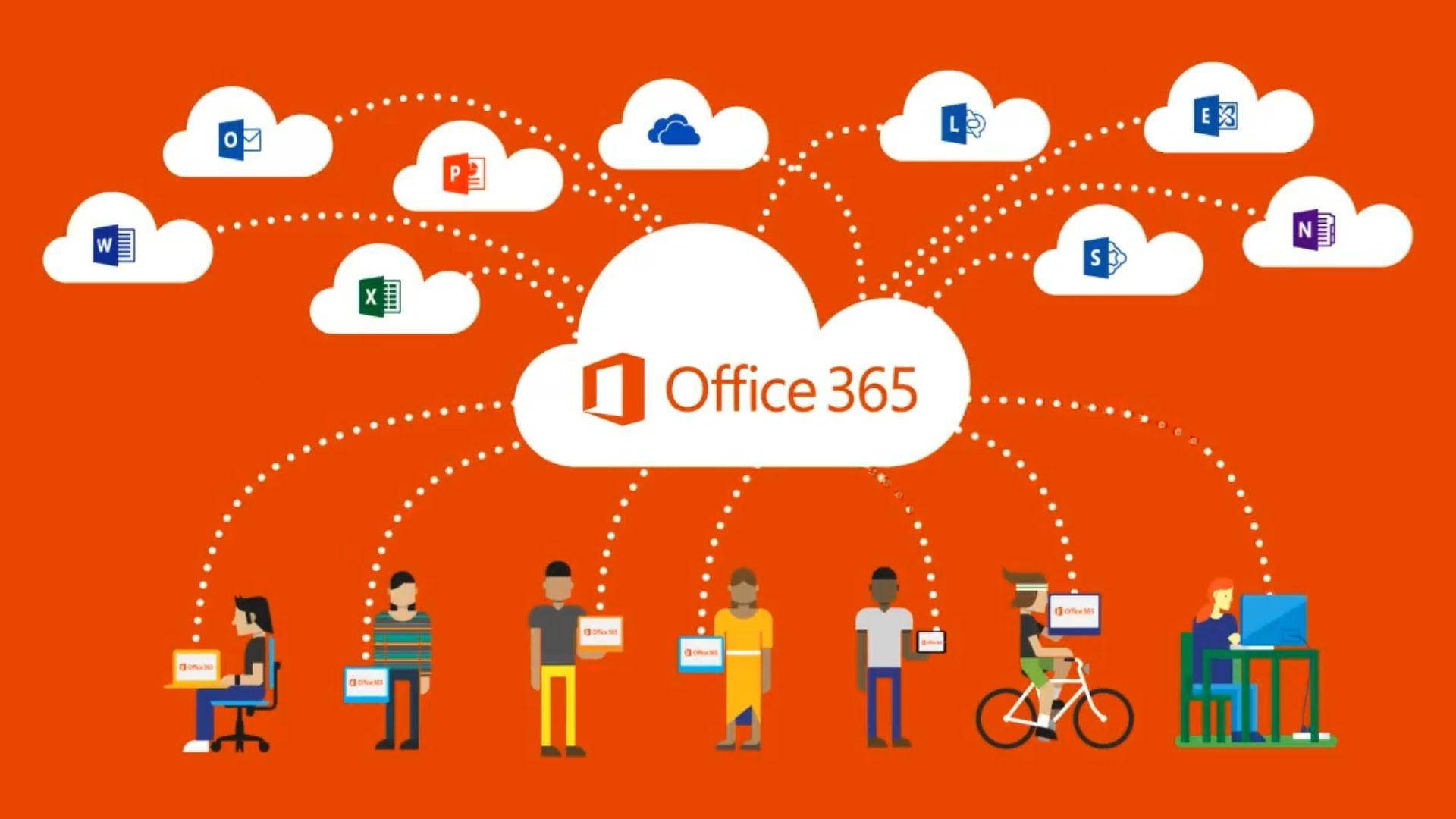 人們在不同裝置上使用 Office 365 應用程式，並連接到雲端圖示。