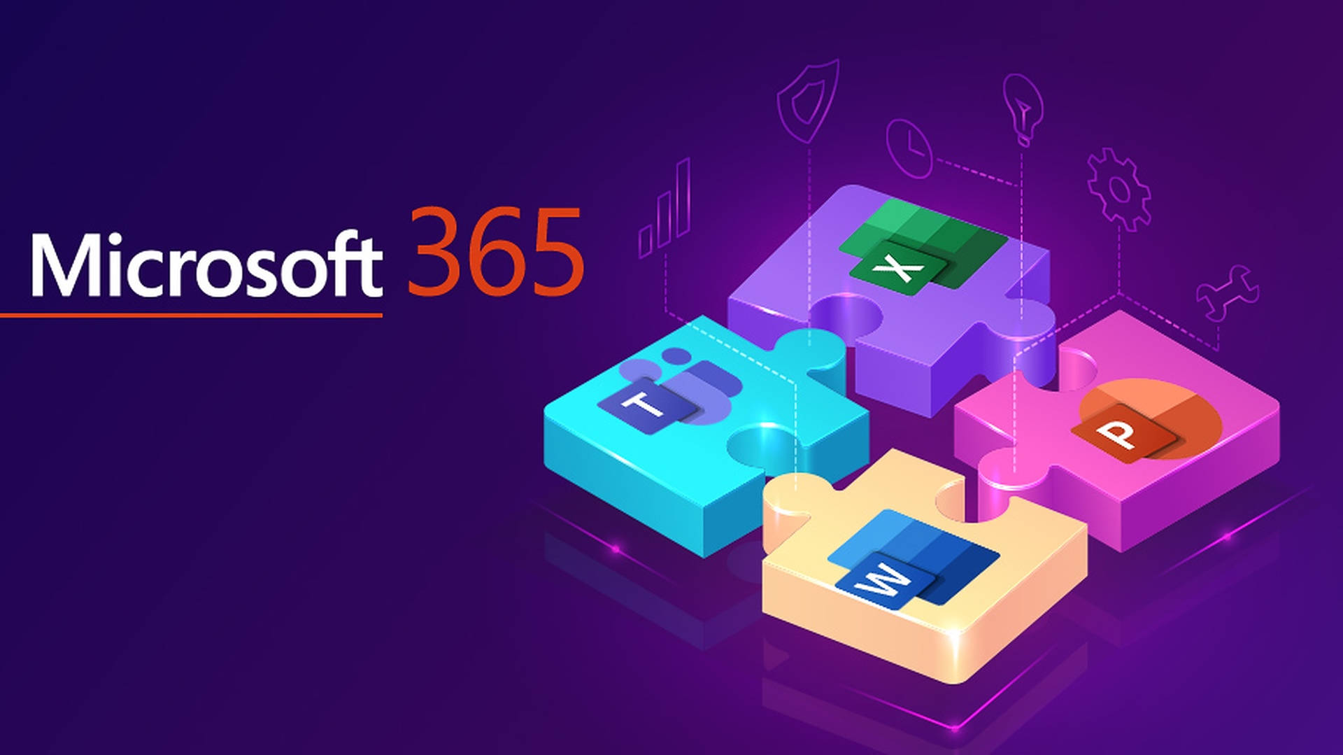 Microsoft 365 標誌，帶有彩色拼圖碎片，顯示 Word、Excel、PowerPoint 和 Teams 圖示。