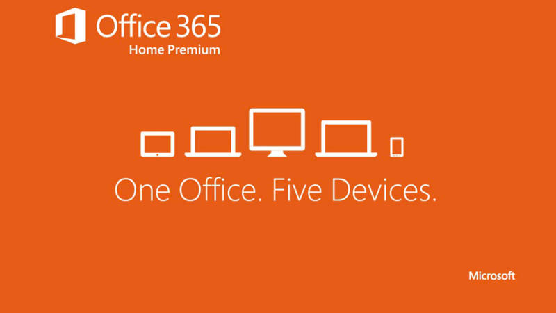 Office 365 Home Premium 廣告，展示五個裝置，標語為 One Office Five Devices