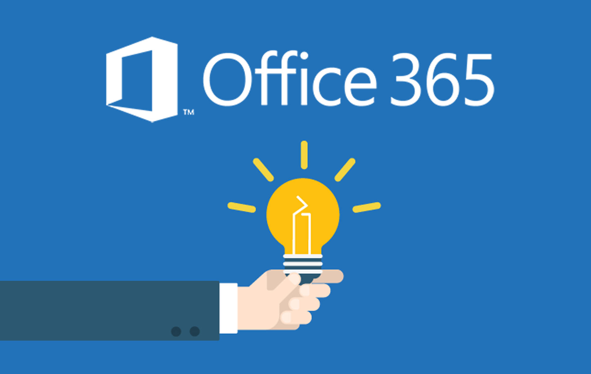 手拿著發光的燈泡，帶有 Office 365 標誌，藍色背景