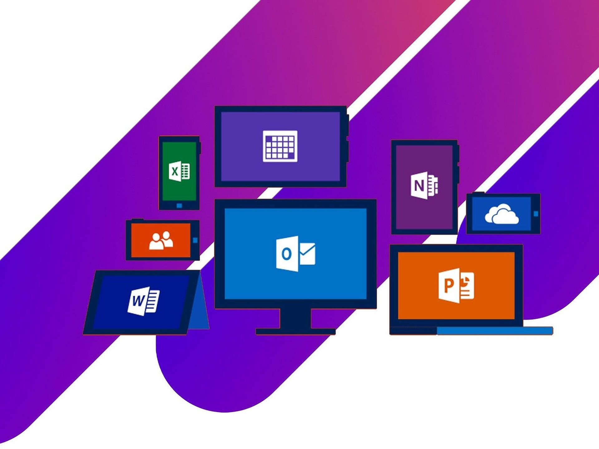 在紫色漸變背景上顯示 Microsoft Office 應用程式的數位裝置。
