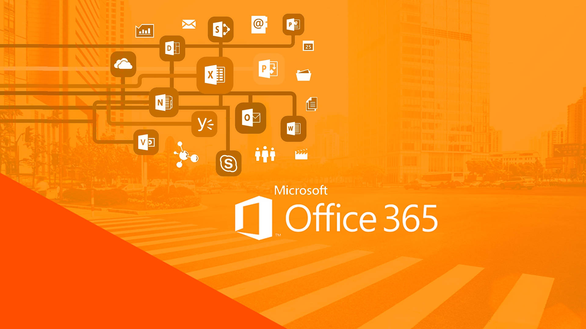 Microsoft Office 365 應用程式圖標在街道背景上連接。