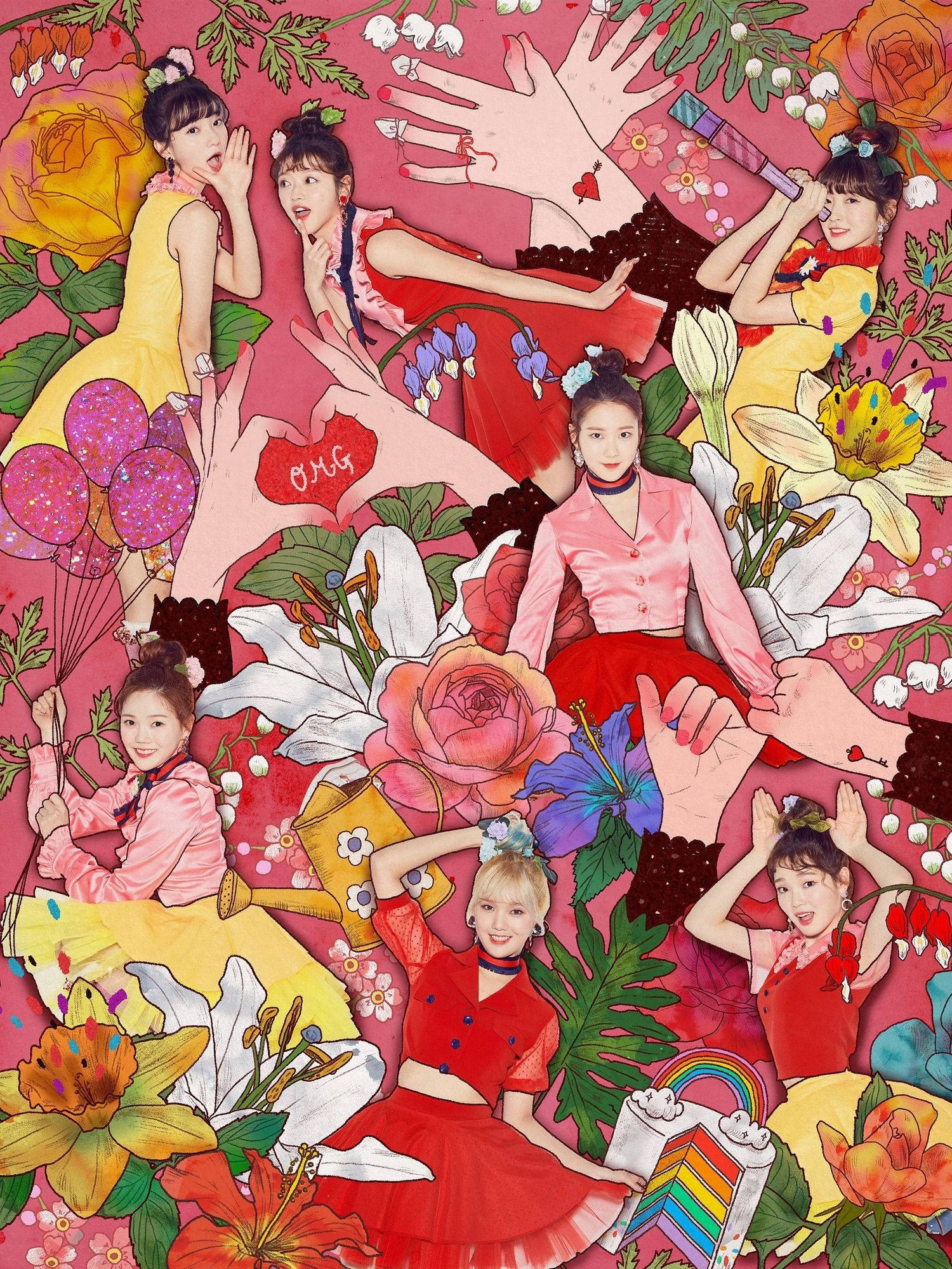 OH MY GIRL《Coloring Book》專輯宣傳照 壁紙 — 粉紅色背景上，年輕女性穿著色彩繽紛的連衣裙，被超大型花朵和俏皮的手圍繞的充滿活力的拼貼畫。