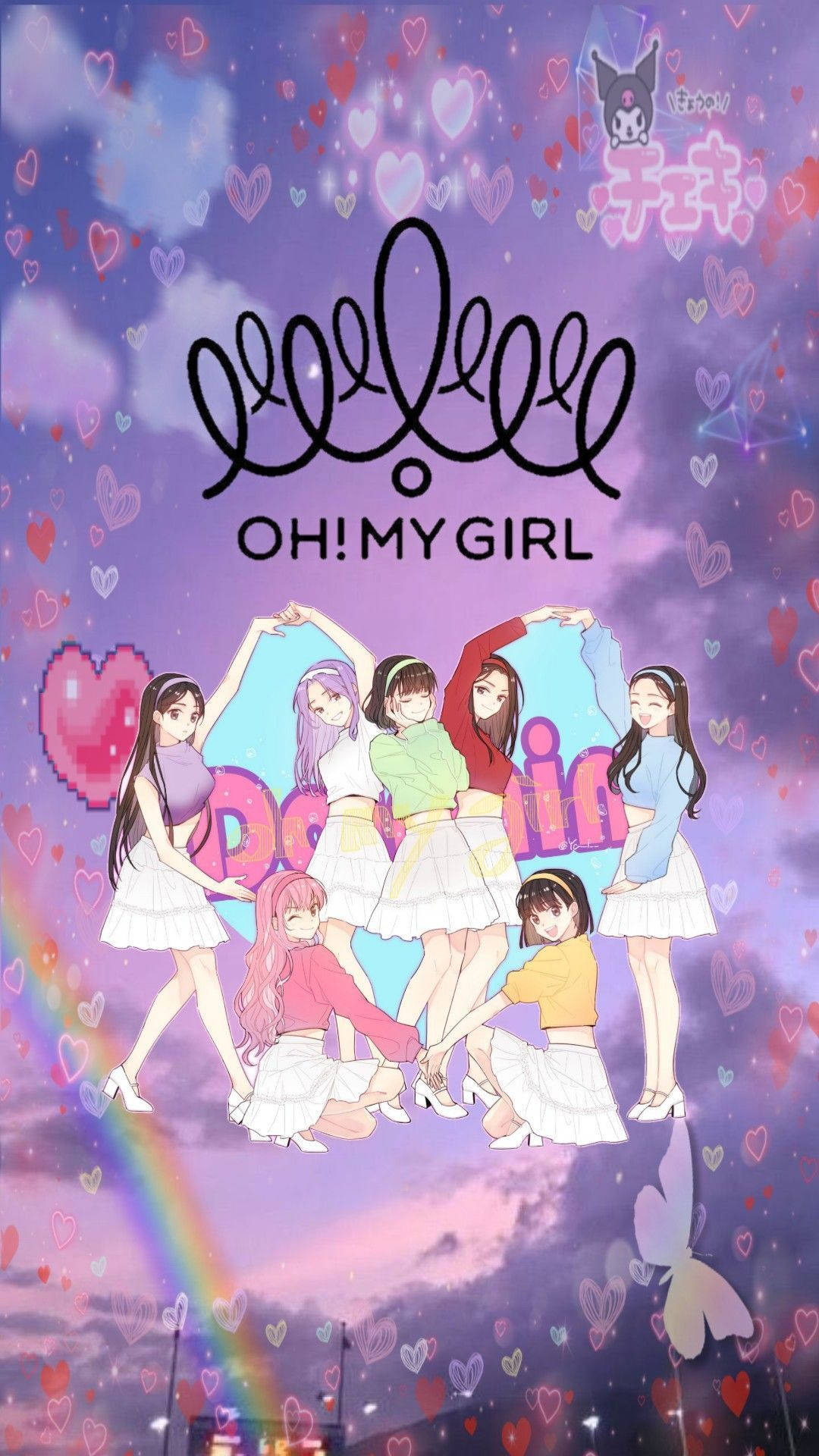Oh My Girl 海豚主題動漫風 壁紙 — 七個穿著白色裙子的動漫風格女孩在充滿心形和彩虹的夢幻紫色天空下快樂地擺姿勢。