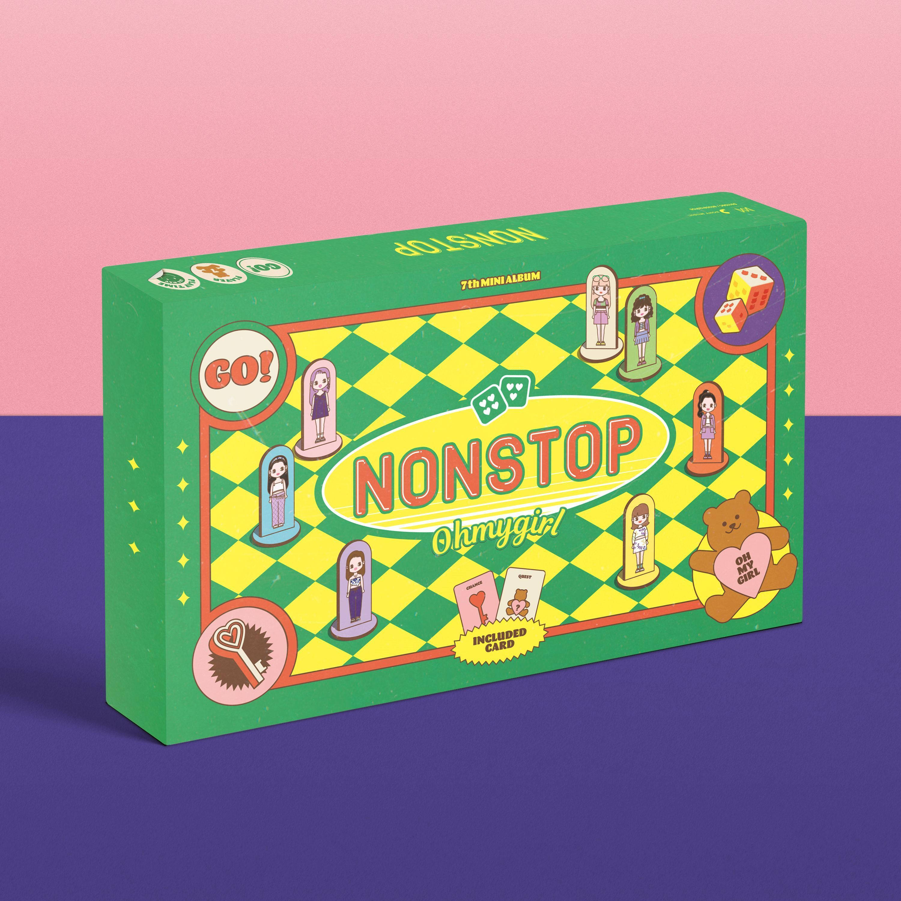 Oh My Girl《Nonstop》專輯封面 壁紙 — Ohmygirl的《Nonstop》專輯的鮮綠色和黃色棋盤遊戲盒，放在粉紅色和紫色背景前。