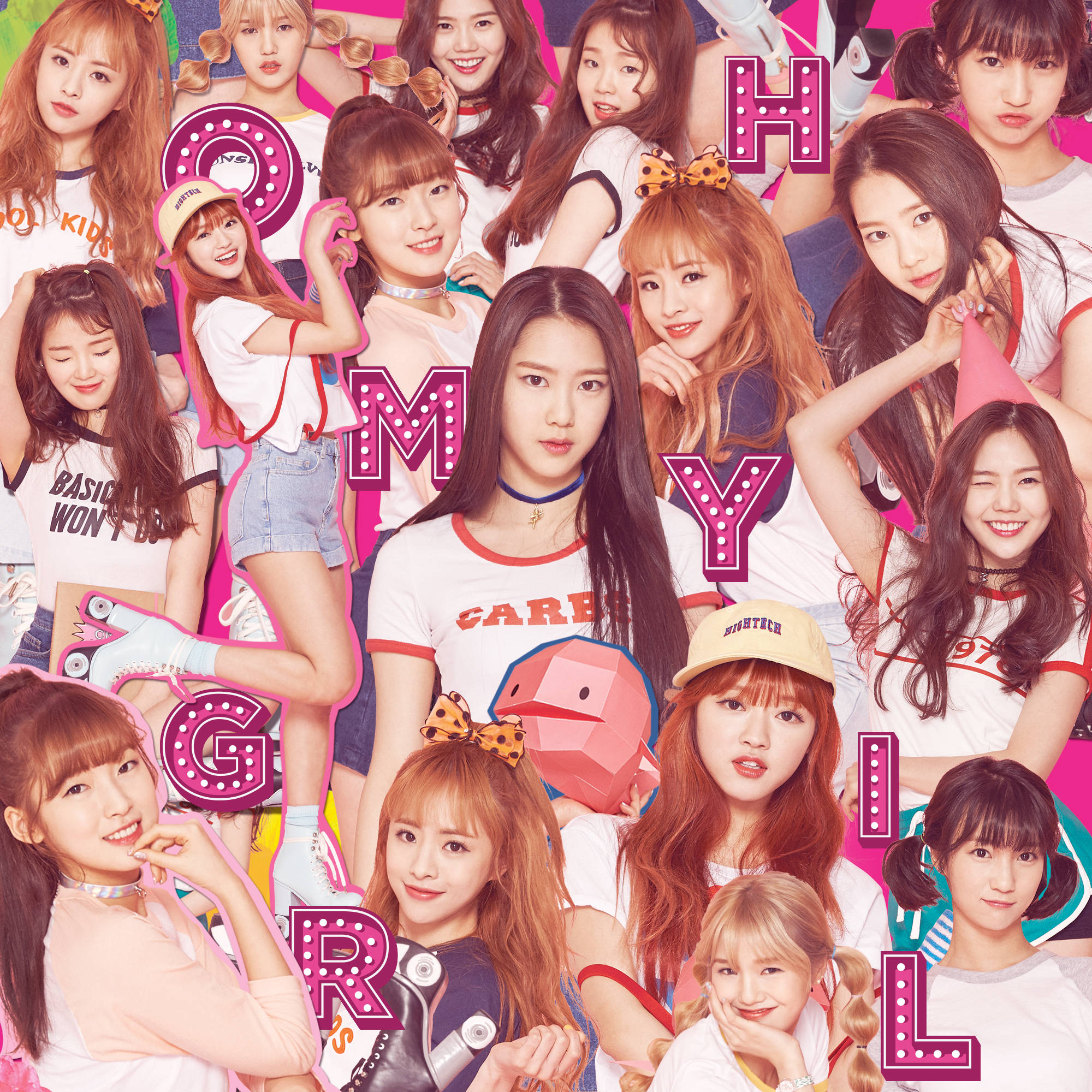 Oh My Girl《Pink Ocean》專輯封面 壁紙 — 一幅充滿活力的拼貼畫，年輕女偶像們圍繞著拼出「OH MY GIRL」的大型粉紅色閃亮字母俏皮地擺姿勢。