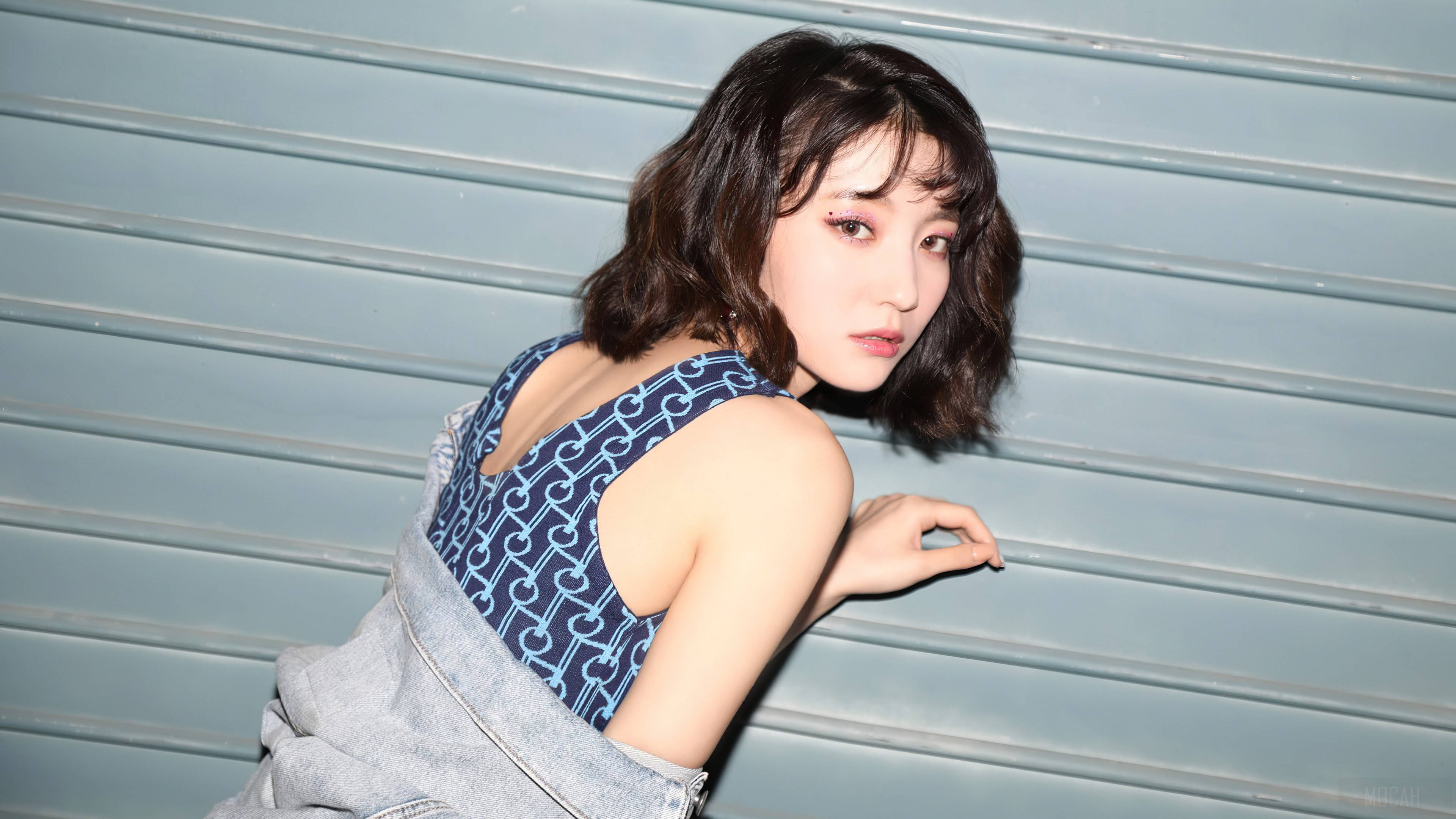 Oh My Girl 美麗Binnie 壁紙 — 一位年輕女性留著波浪棕色長髮，身穿藍色鏈條圖案上衣和牛仔外套，靠著灰色金屬百葉窗。