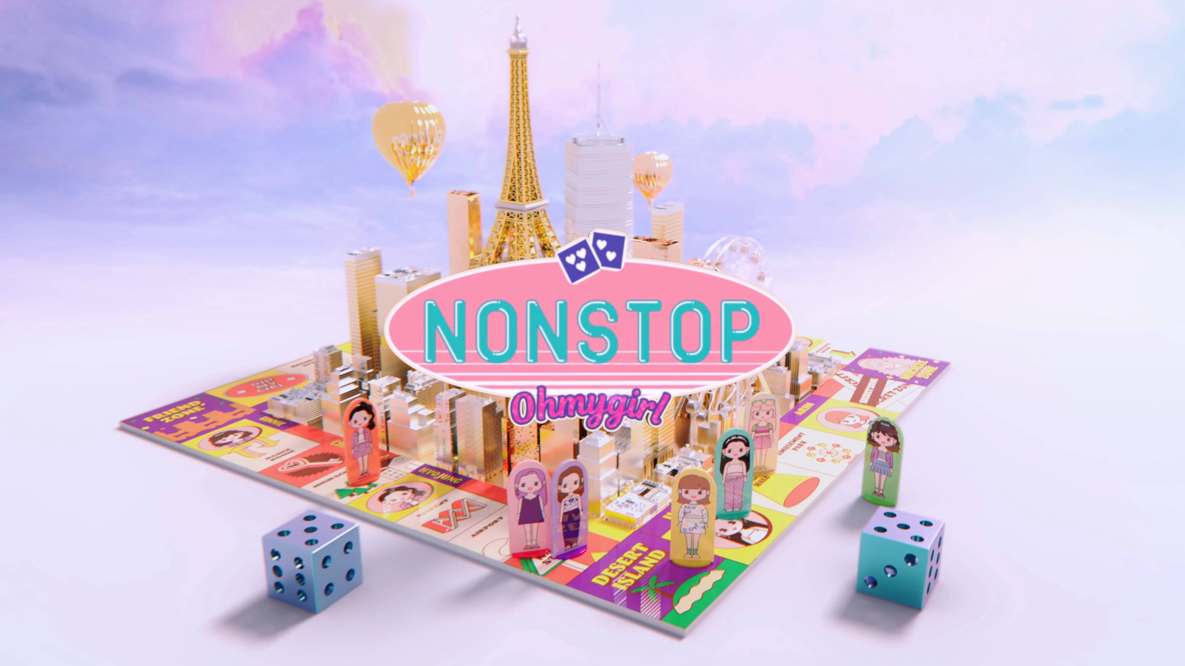 OH MY GIRL《Nonstop》奇幻預告 壁紙 — 色彩繽紛的3D棋盤遊戲，以巴黎地標和動漫風格少女公仔為特色，背景是柔和天空。