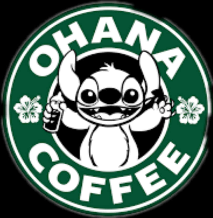 Ohana咖啡仿星巴克標誌 壁紙 — 一隻頑皮的黑白史迪奇拿著咖啡杯，在一個帶有芙蓉花的綠色圓形「Ohana Coffee」標誌內。