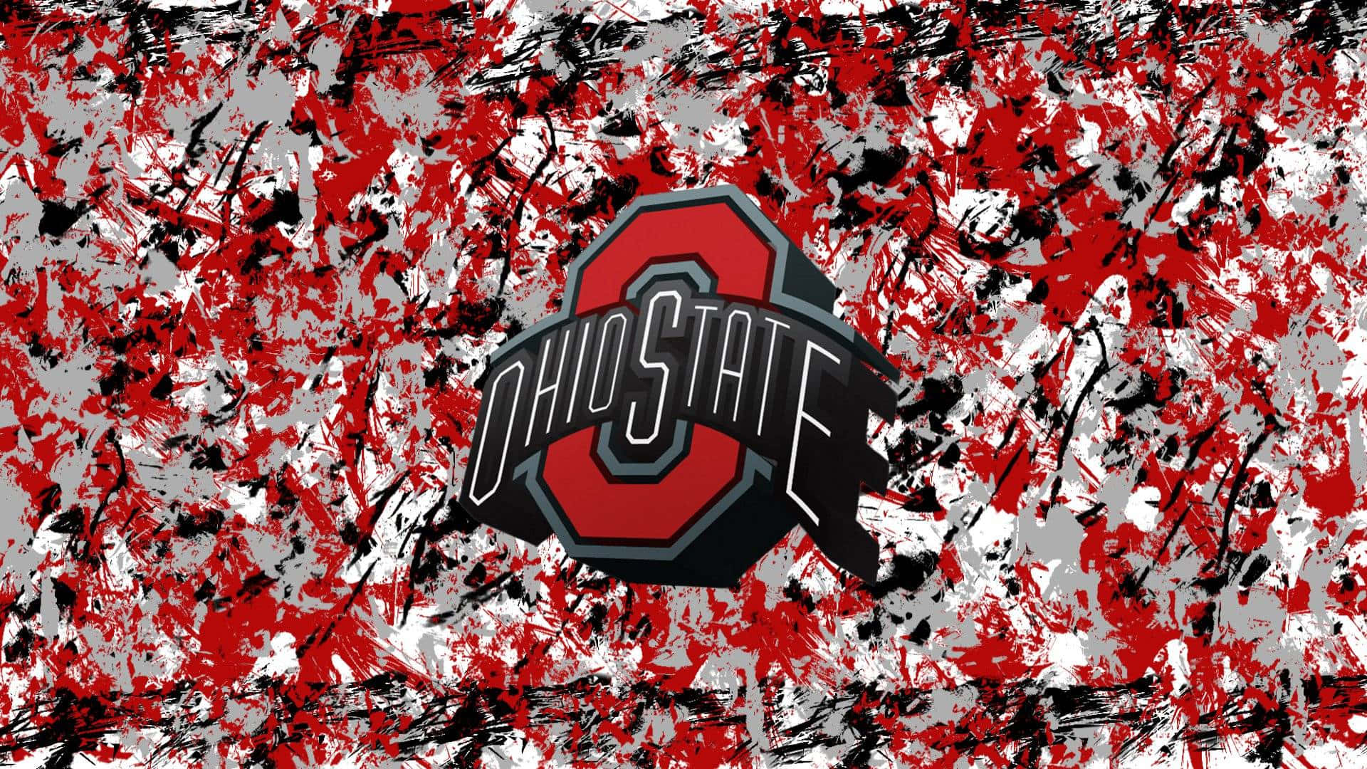 俄亥俄州 桌布 壁紙 — Ohio State 標誌居中於混亂的紅、黑、白潑濺背景上。