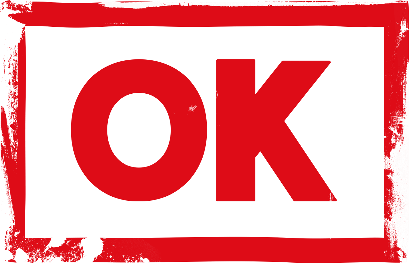 紅色「OK」語音氣泡磨砂背景 壁紙 — 黑色背景上，破舊框架內的粗體紅色OK文字。