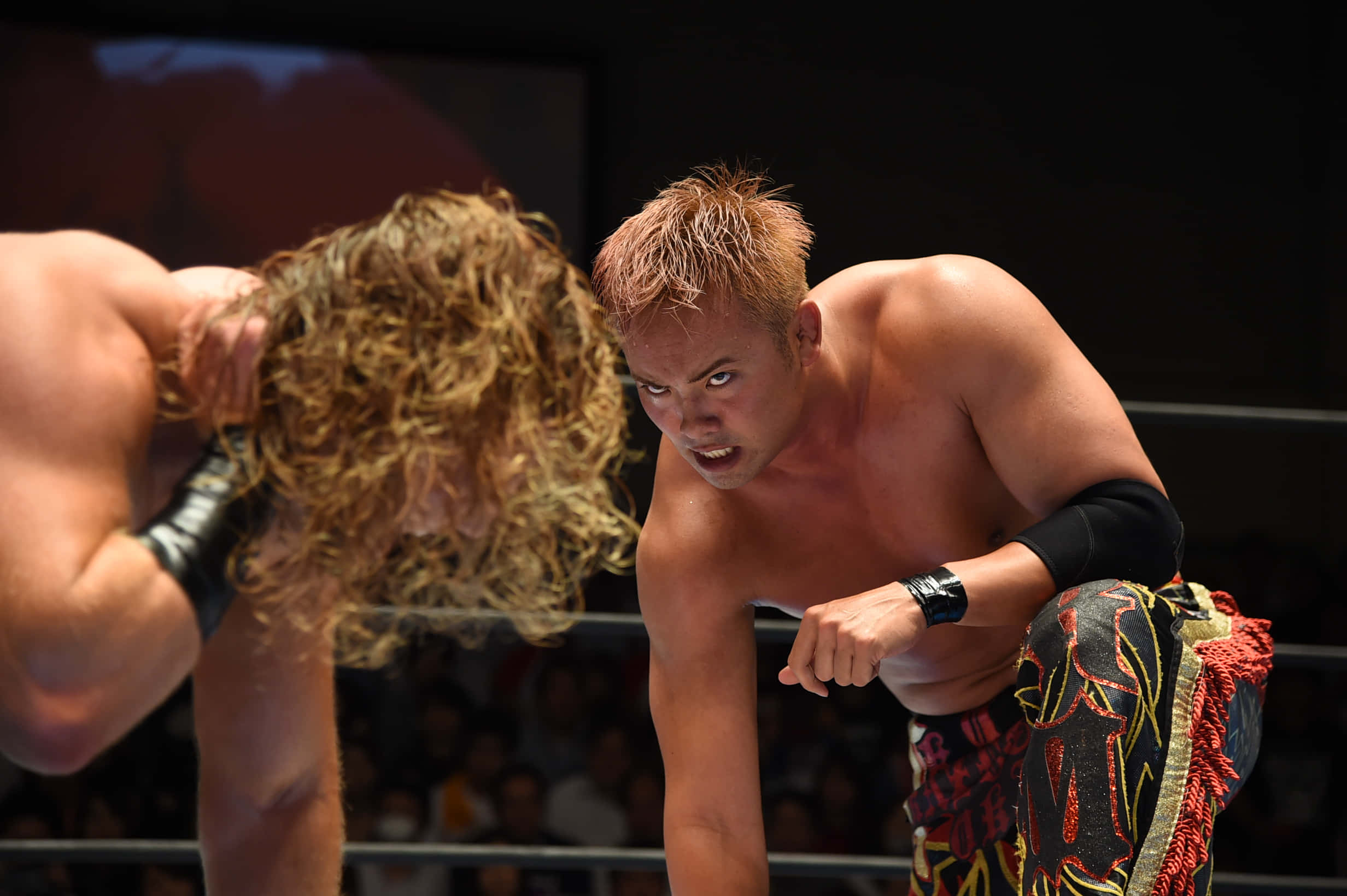 摔角雙雄 Okada 與 Tanahashi 的對峙 壁紙 — 兩名肌肉發達的摔角手在擂台上激烈搏鬥，背景有觀眾。