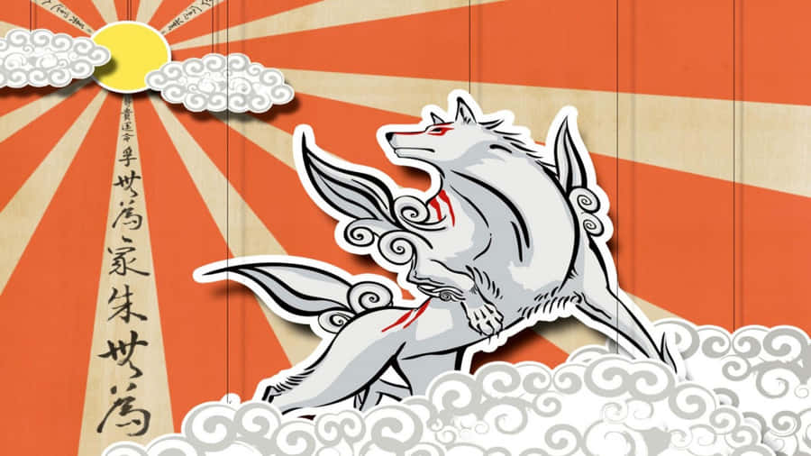 《Okami HD》中一幅令人難忘的陽光天空畫作 壁紙 — 一隻帶有紅色標記的風格化白狐在帶有日本書法的耀眼橙色太陽爆發背景下穿過旋轉的雲層跳躍。