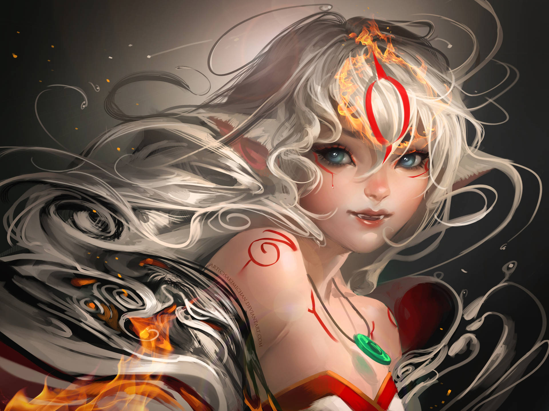 白髮紅焰標記的動漫女孩，被旋轉的煙霧和火焰包圍。